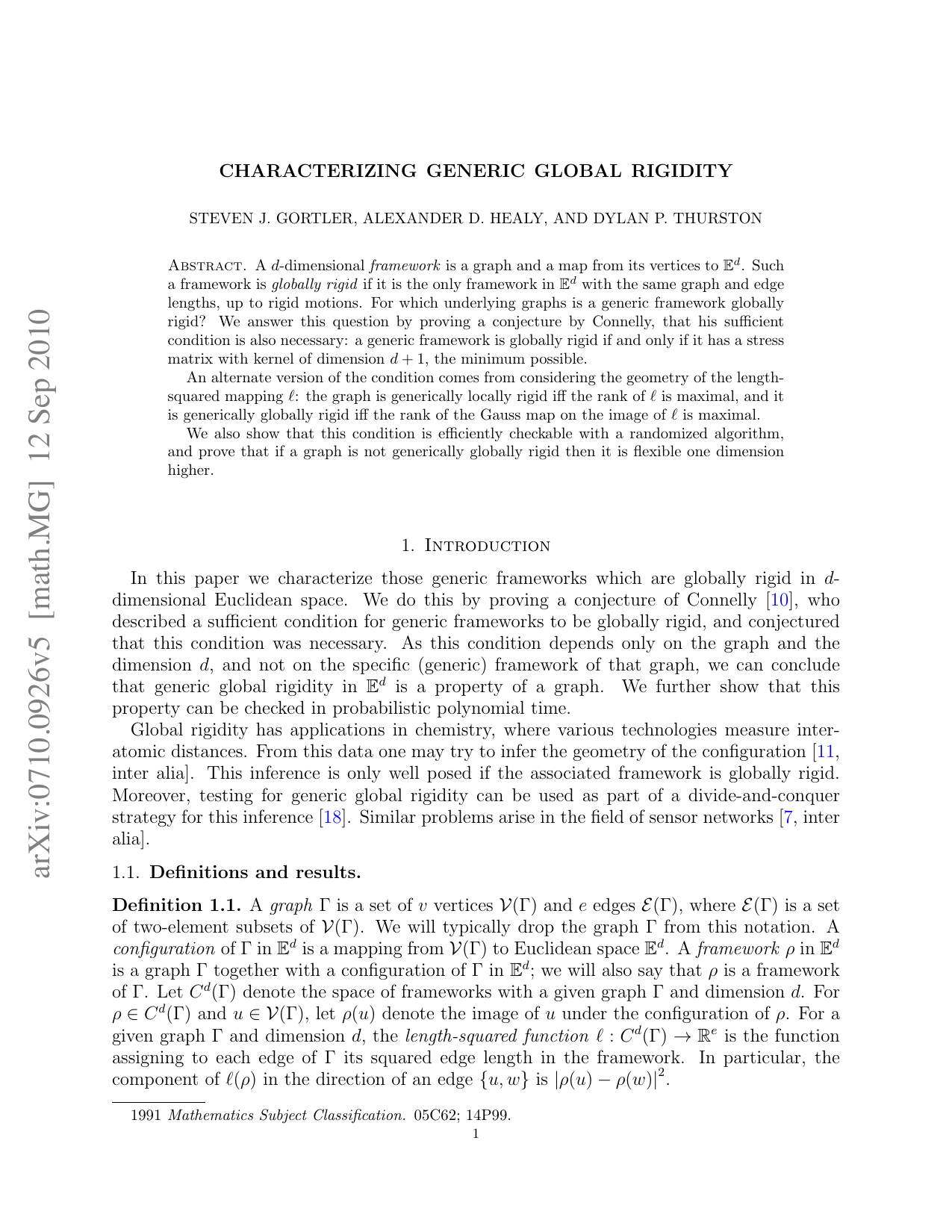Characterizing Generic Global Rigidity