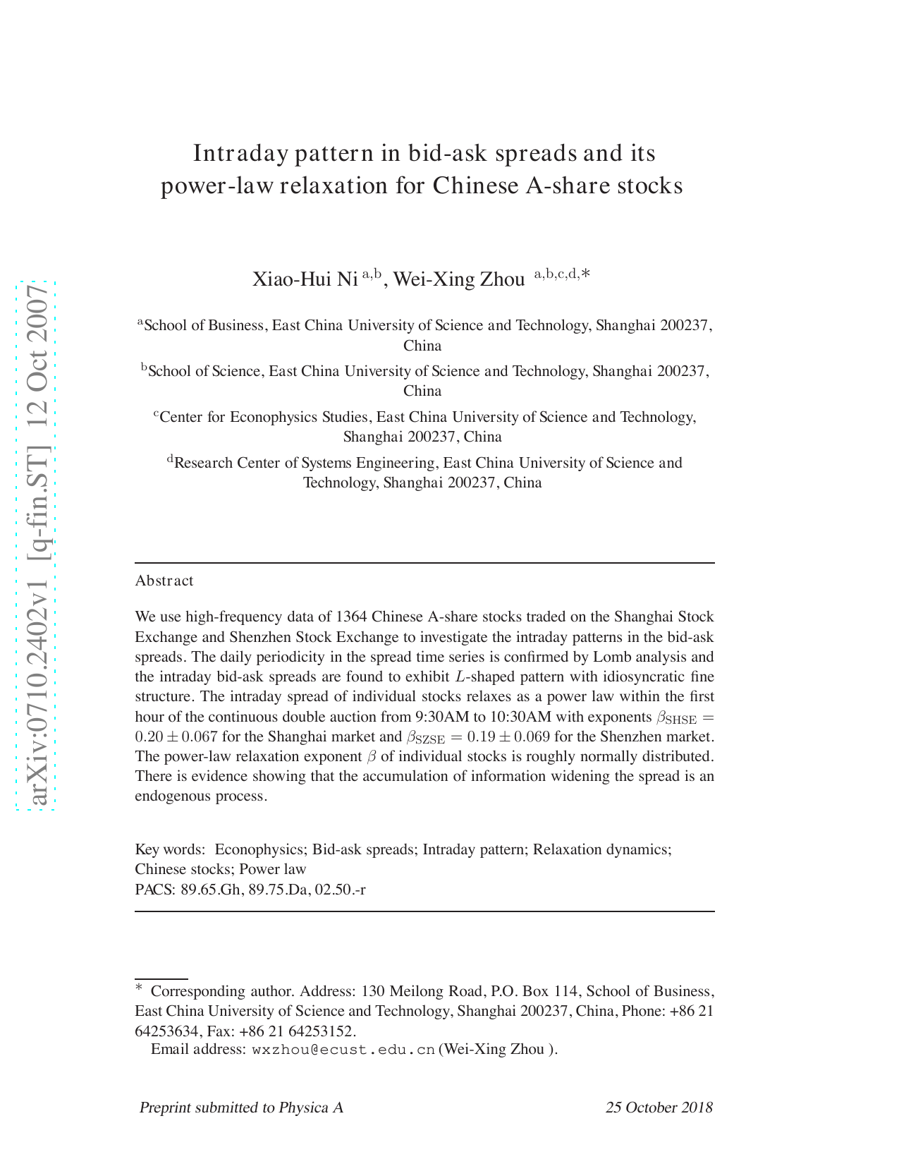 Intraday pattern in bid-ask spreads and its power-law relaxation for Chinese A-share stocks