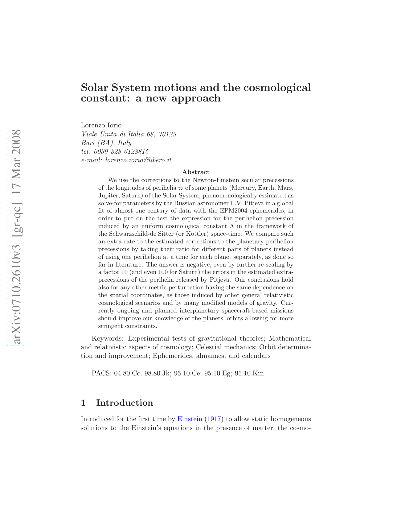 Solar System motions and the cosmological constant: a new approach