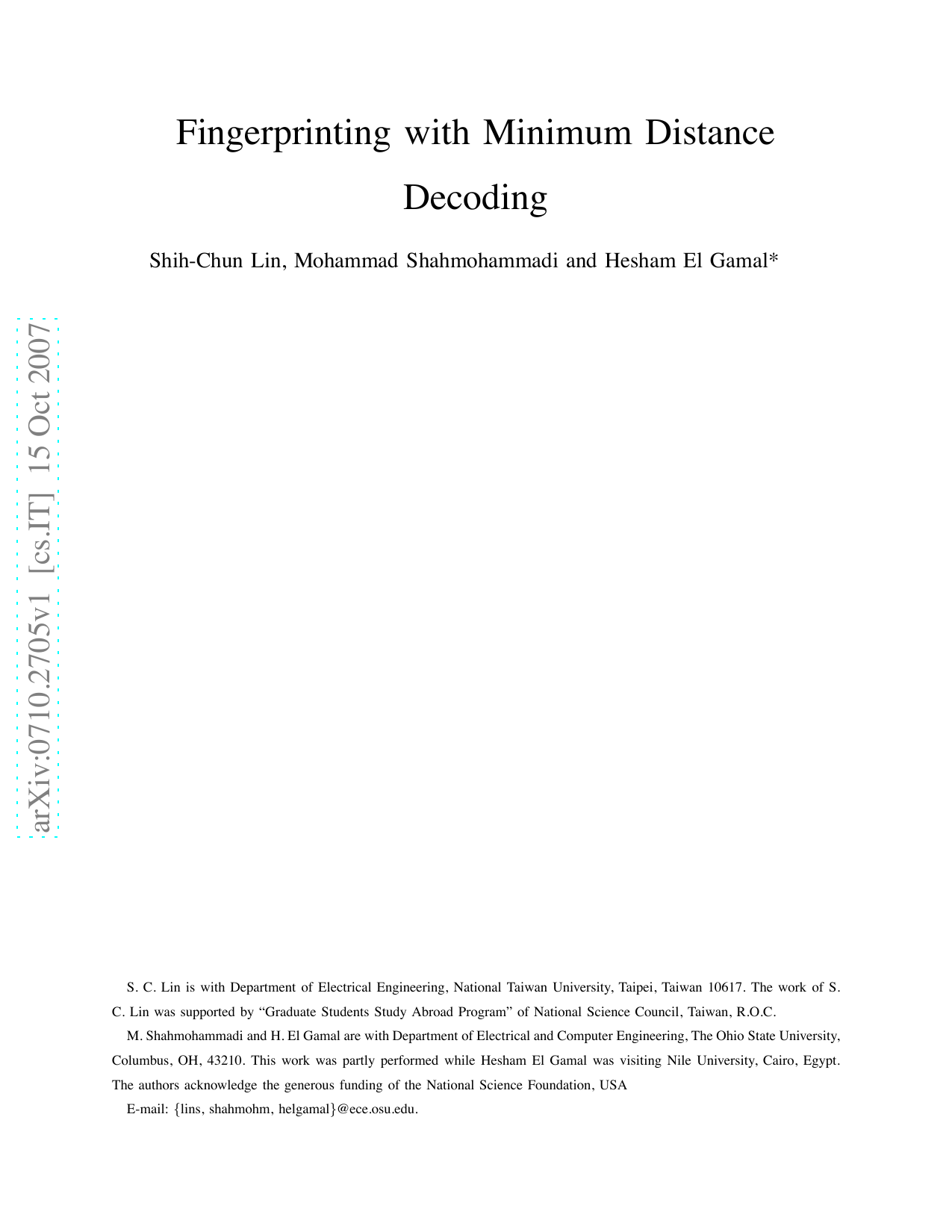 Fingerprinting with Minimum Distance Decoding