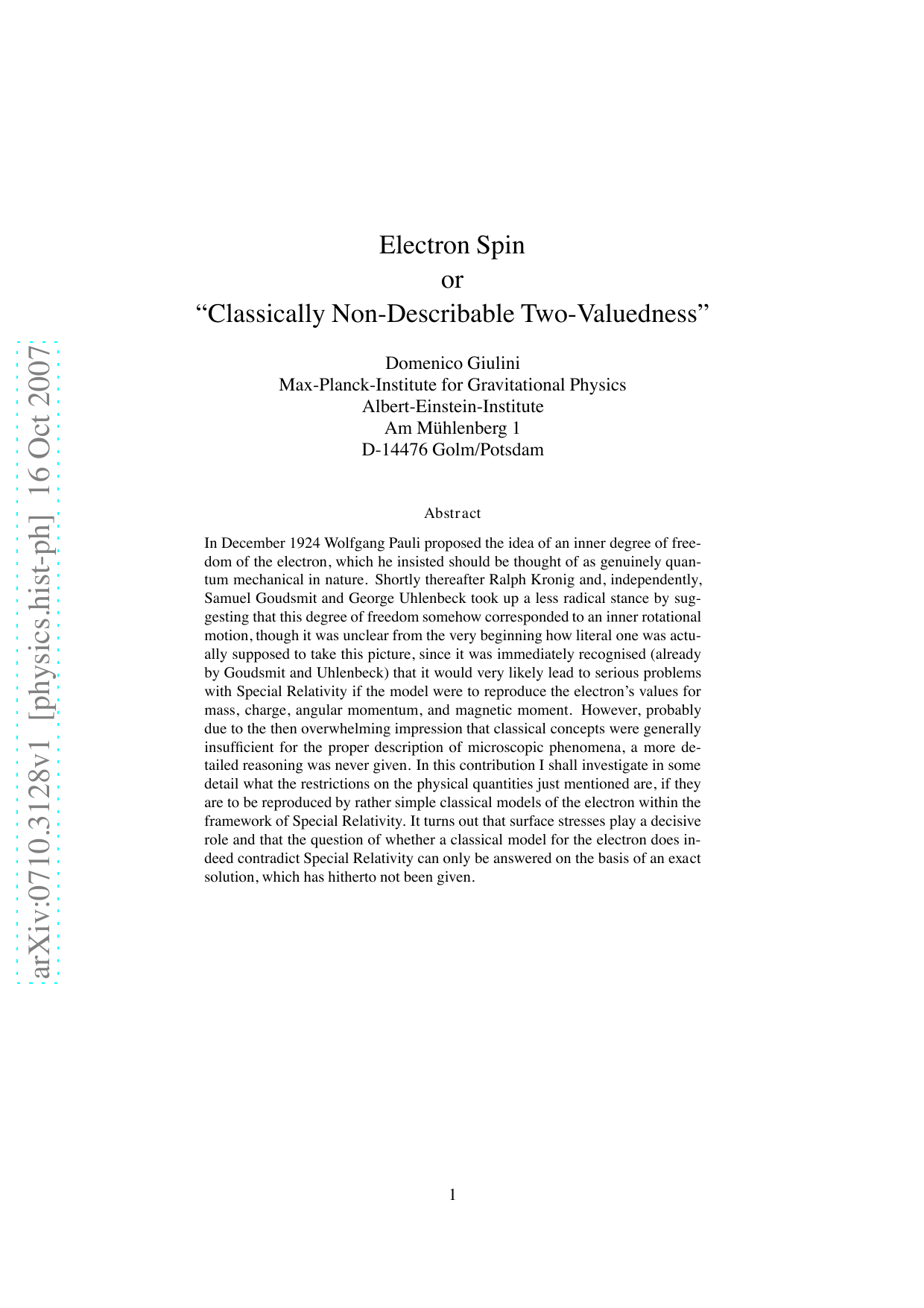 Electron Spin or 'Classically Non-Describable Two-Valuedness'