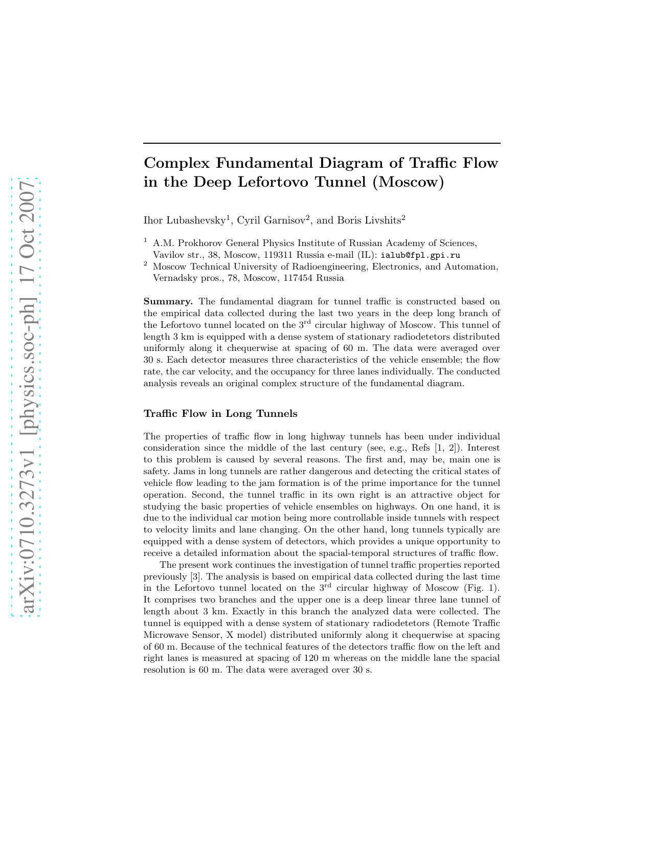 Complex Fundamental Diagram of Traffic Flow in the Deep Lefortovo Tunnel   (Moscow)