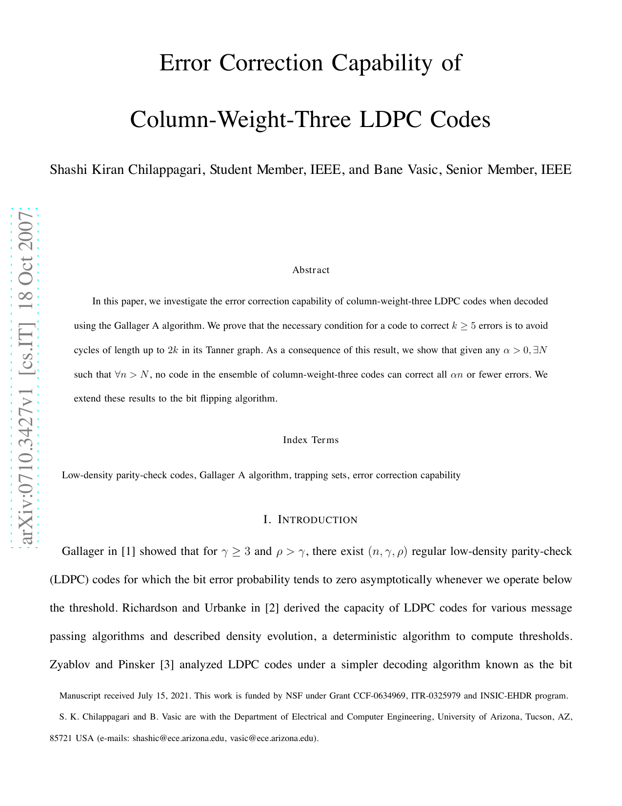 Error Correction Capability of Column-Weight-Three LDPC Codes