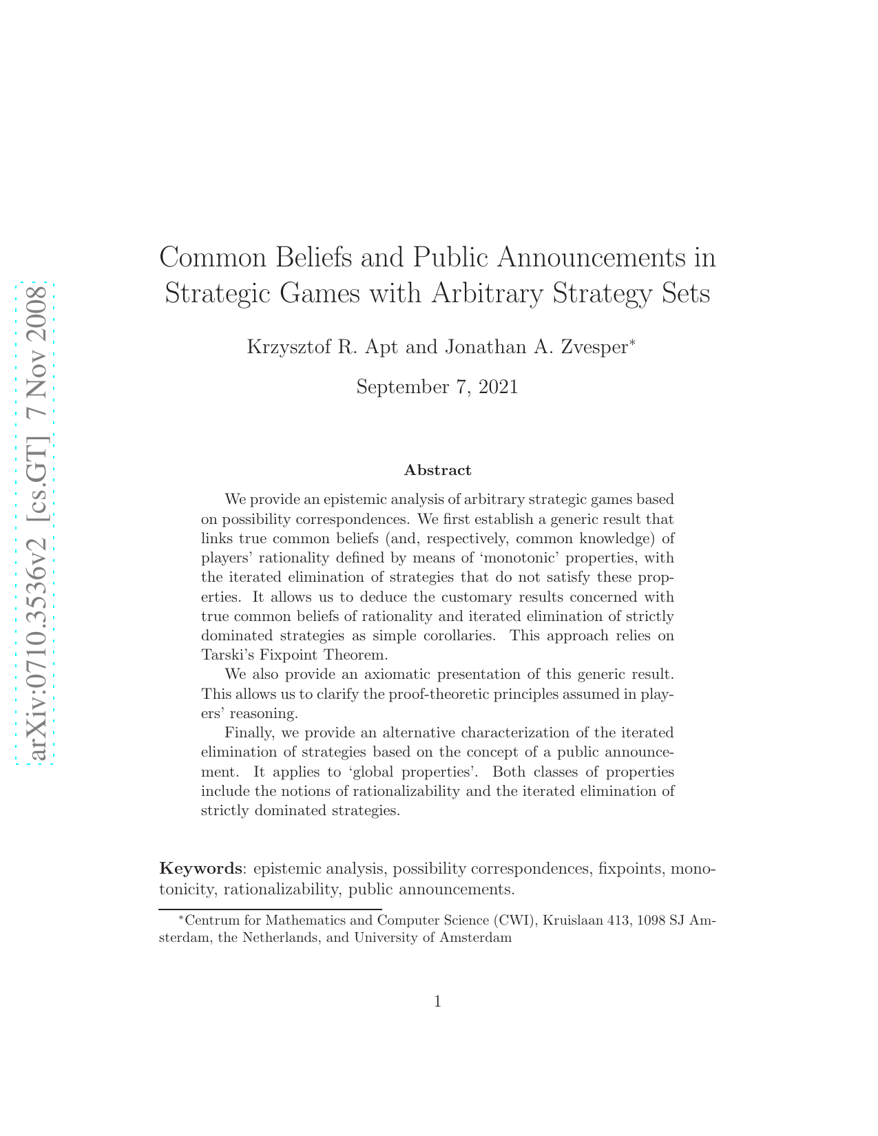 Common Beliefs and Public Announcements in Strategic Games with   Arbitrary Strategy Sets