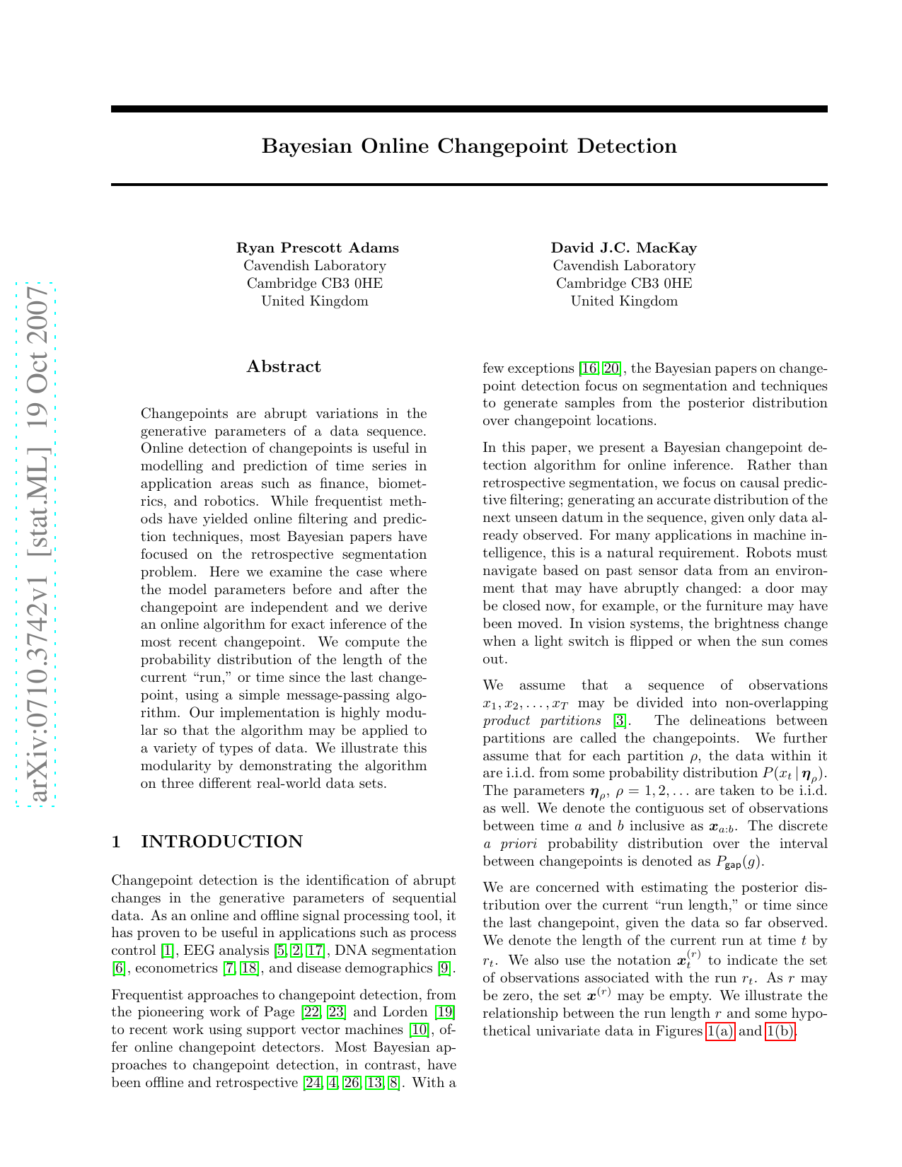 Bayesian Online Changepoint Detection