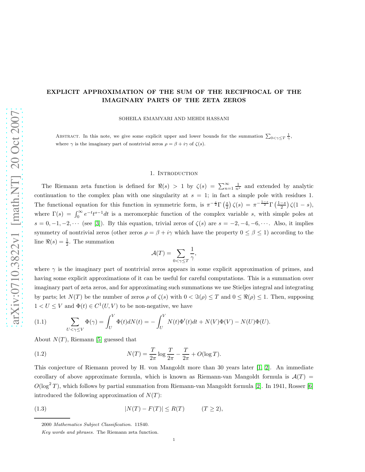 Explicit approximation of the sum of the reciprocal of the imaginary parts of the zeta zeros