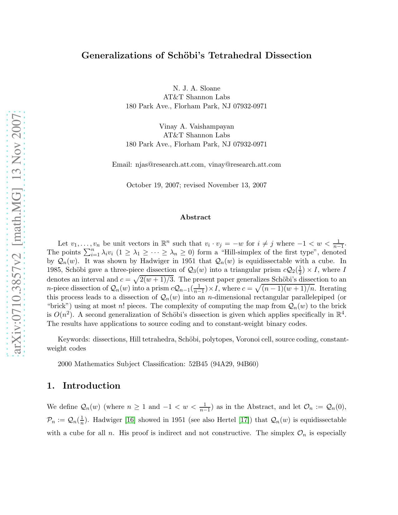 Generalizations of Sch'{o}bis Tetrahedral Dissection