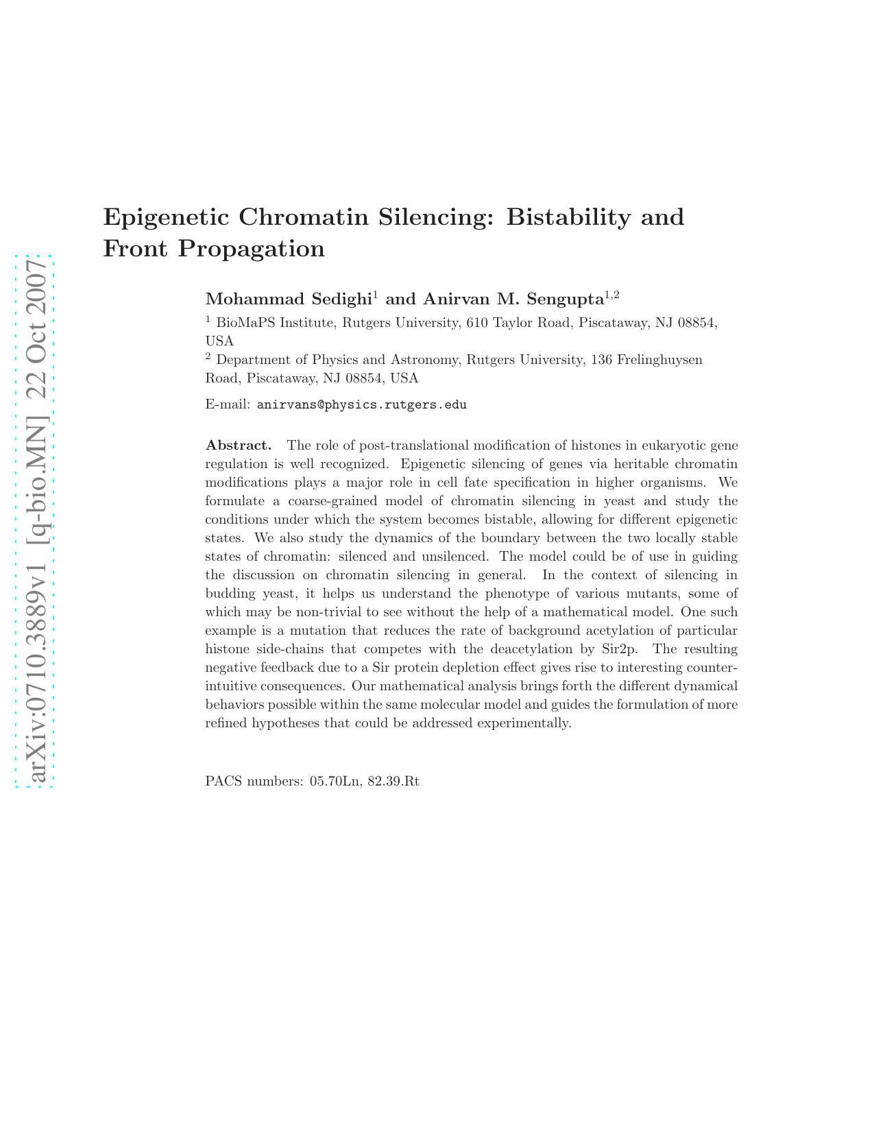 Epigenetic Chromatin Silencing: Bistability and Front Propagation