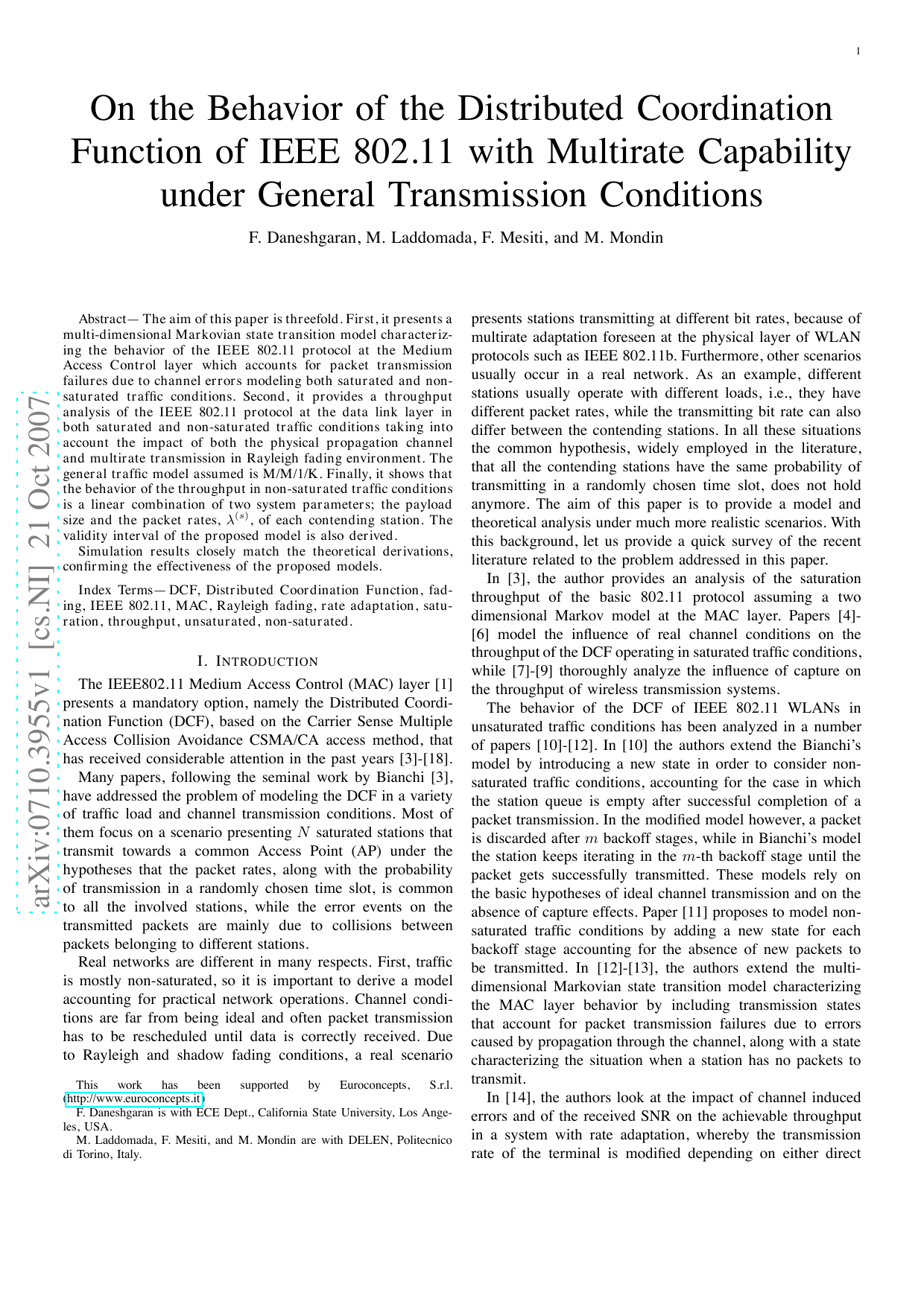 On the Behavior of the Distributed Coordination Function of IEEE 802.11   with Multirate Capability under General Transmission Conditions