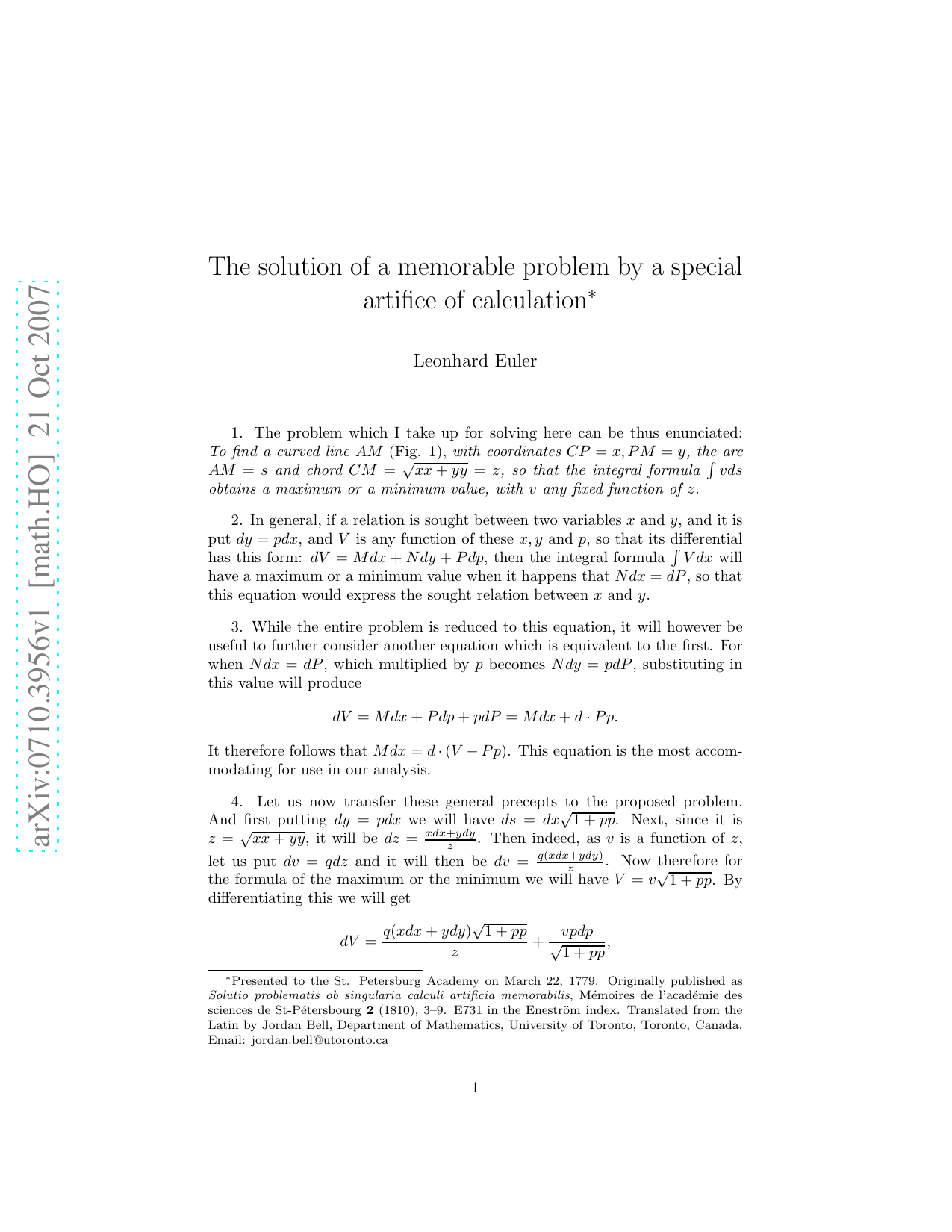 The solution of a memorable problem by a special artifice of calculation