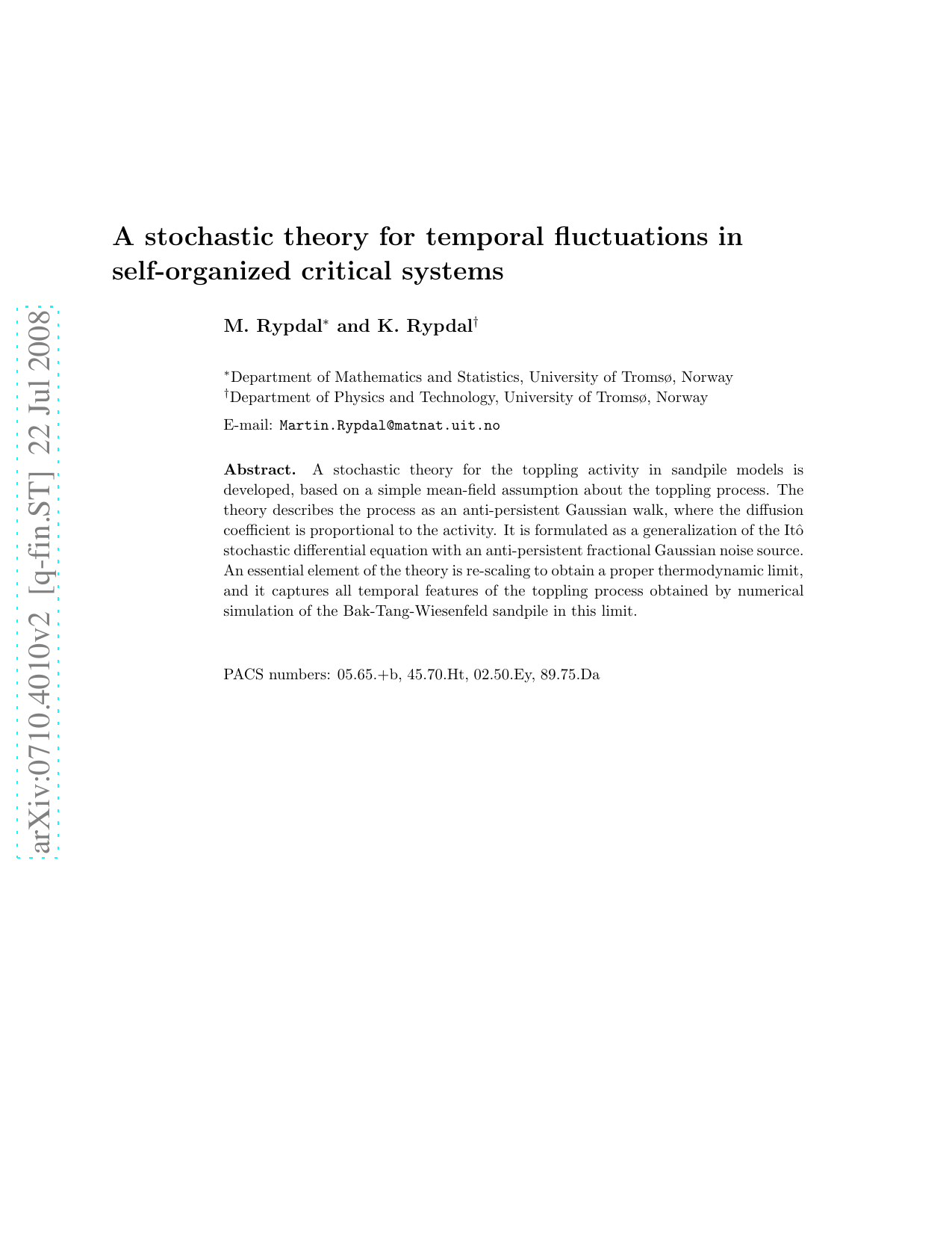 A stochastic theory for temporal fluctuations in self-organized critical   systems