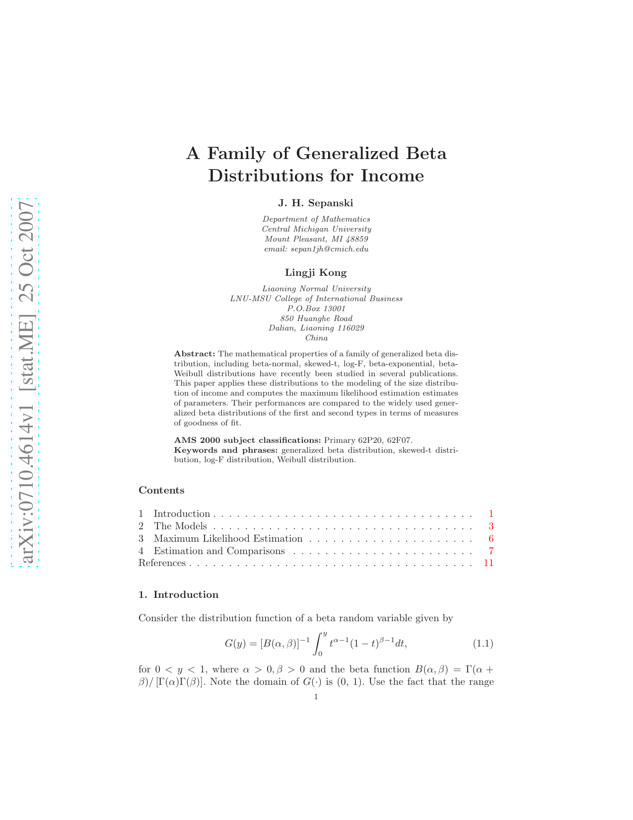 A Family of Generalized Beta Distributions for Income