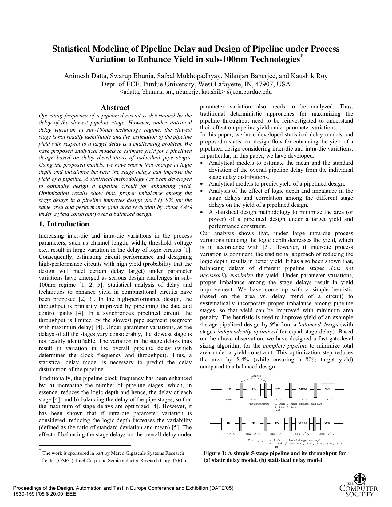 Statistical Modeling of Pipeline Delay and Design of Pipeline under   Process Variation to Enhance Yield in sub-100nm Technologies