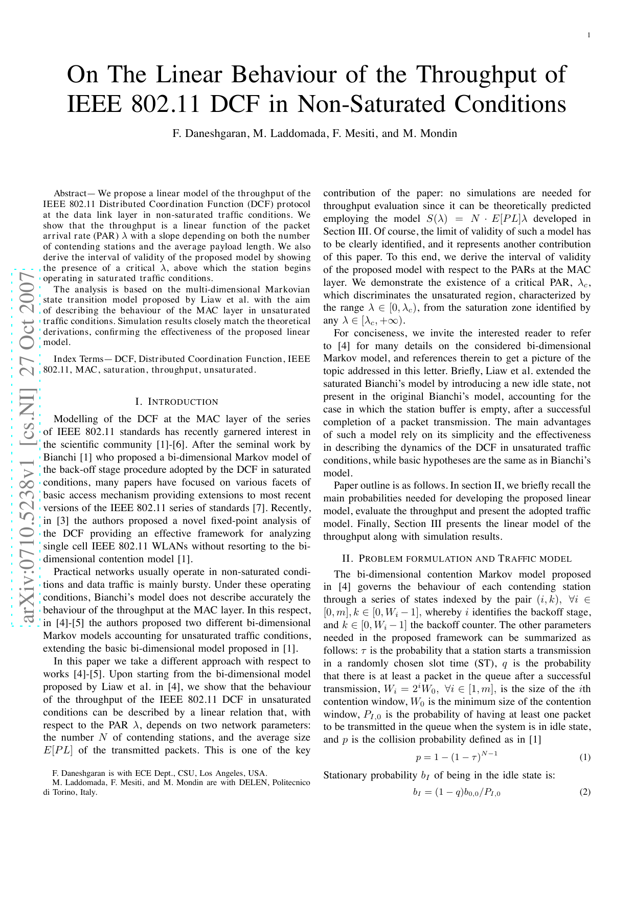 On The Linear Behaviour of the Throughput of IEEE 802.11 DCF in   Non-Saturated Conditions