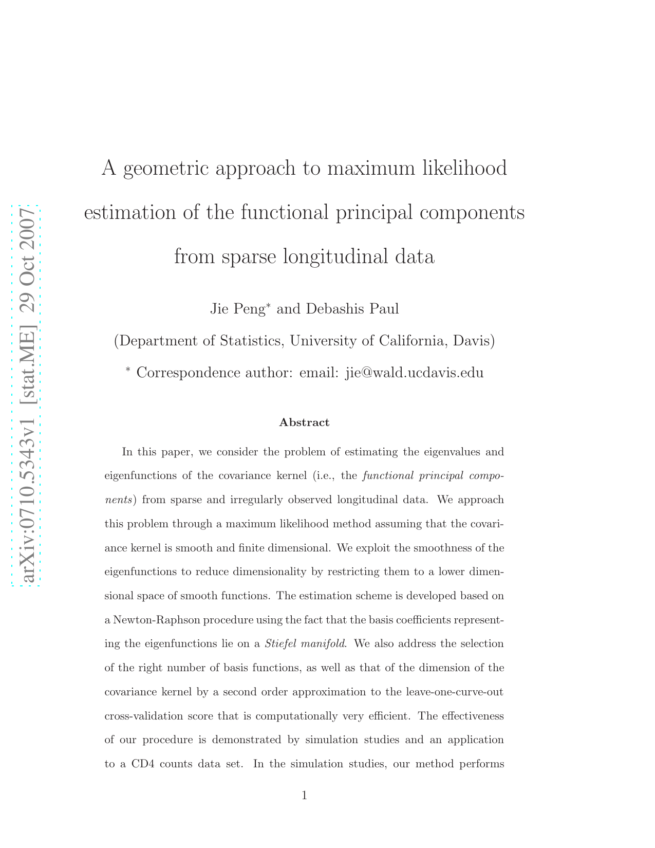 A geometric approach to maximum likelihood estimation of the functional   principal components from sparse longitudinal data