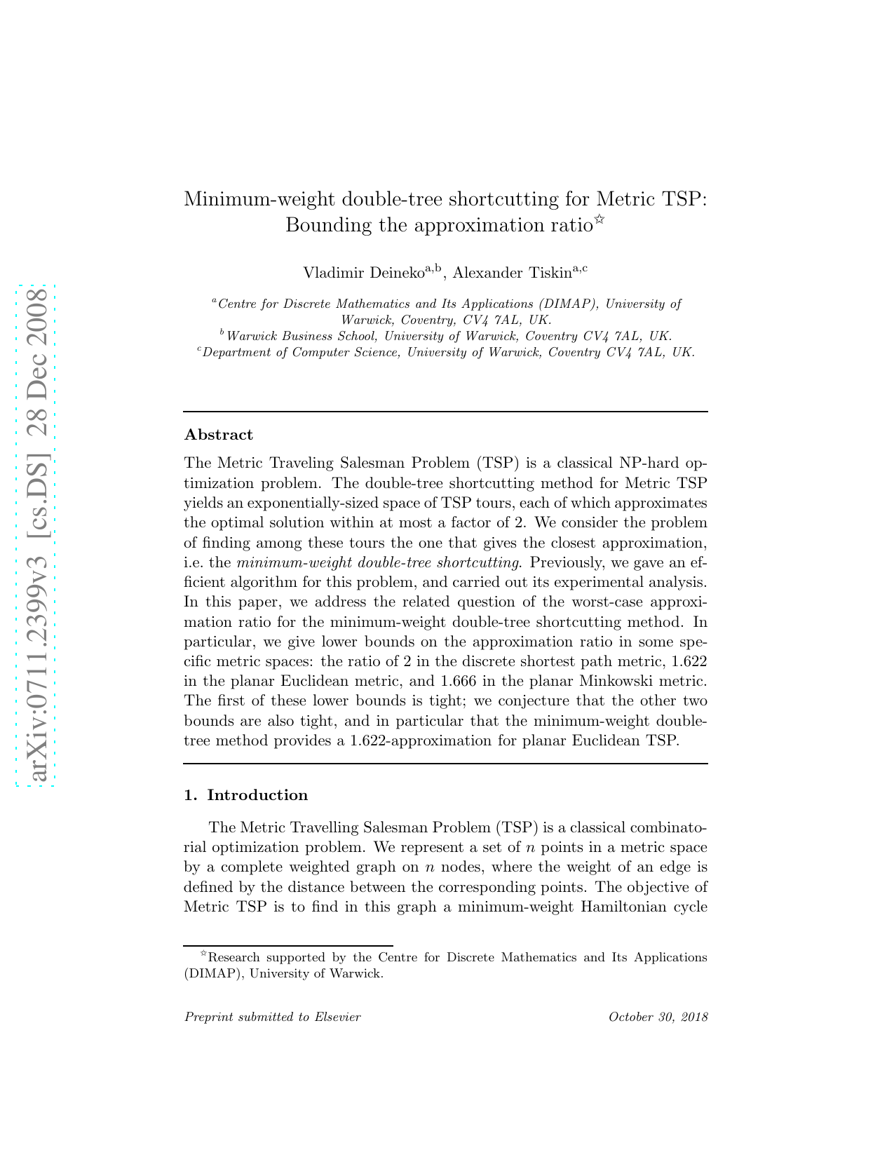 Minimum-weight double-tree shortcutting for Metric TSP: Bounding the   approximation ratio