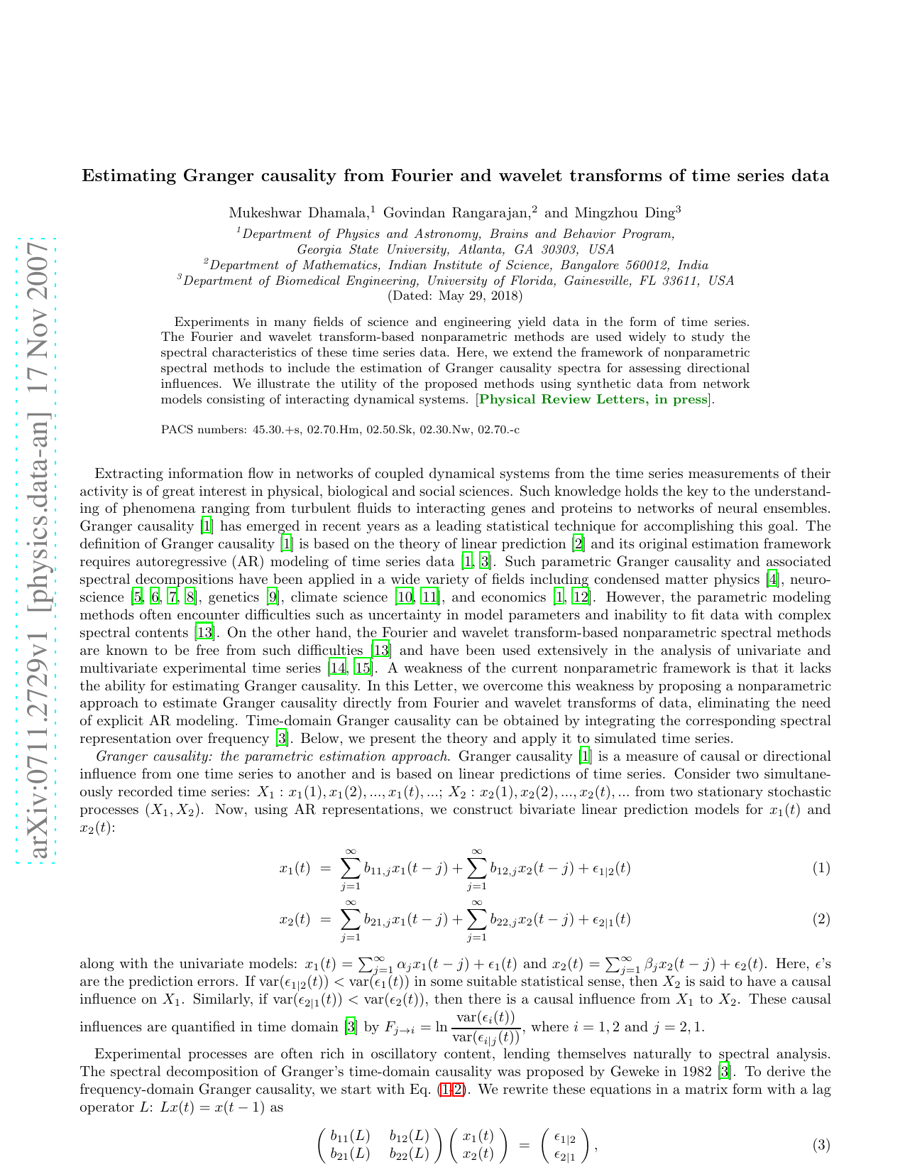 Estimating Granger causality from Fourier and wavelet transforms of time   series data