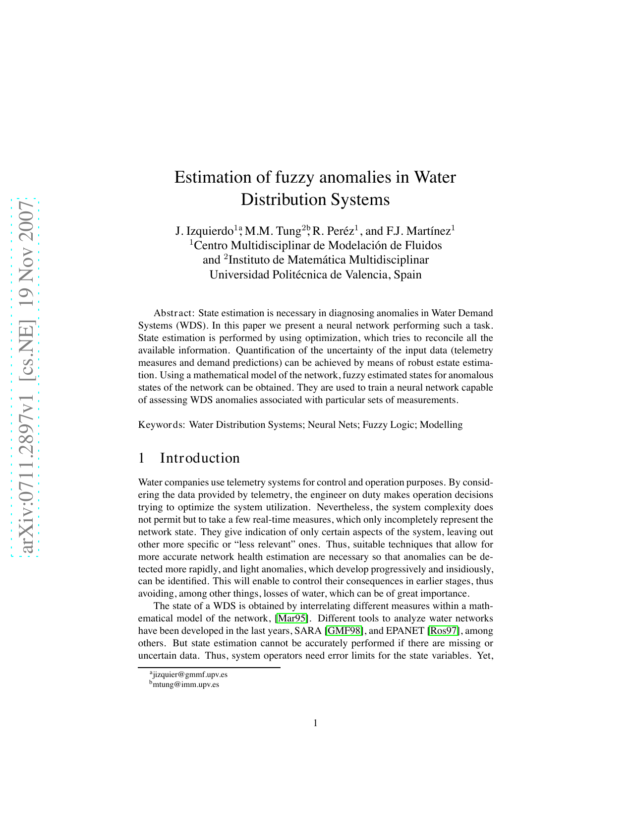 Estimation of fuzzy anomalies in Water Distribution Systems