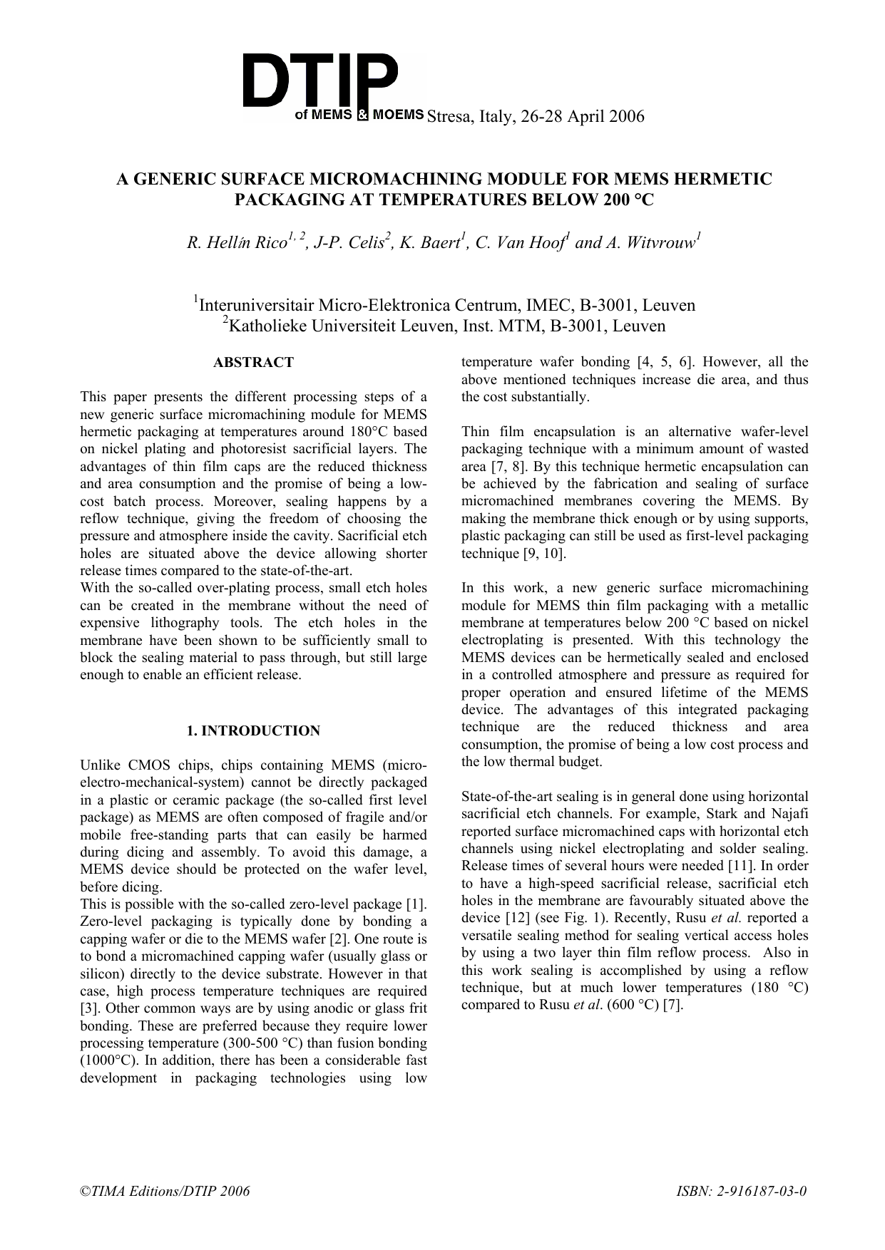 A Generic Surface Micromachining Module for Mems Hermetic Packaging at   Temperatures Below 200 degrees C