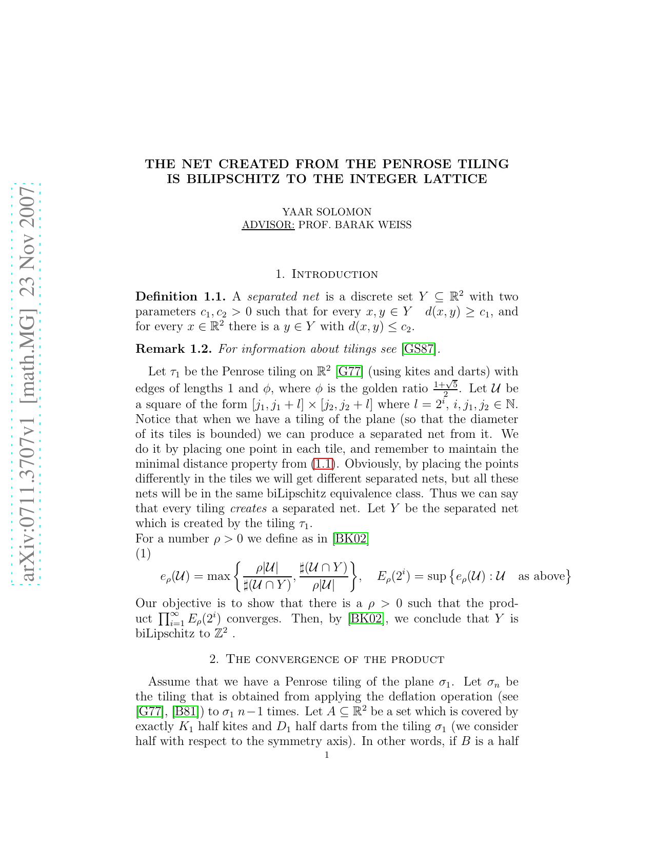 The net created from the Penrose tiling is biLipschitz to the integer   lattice