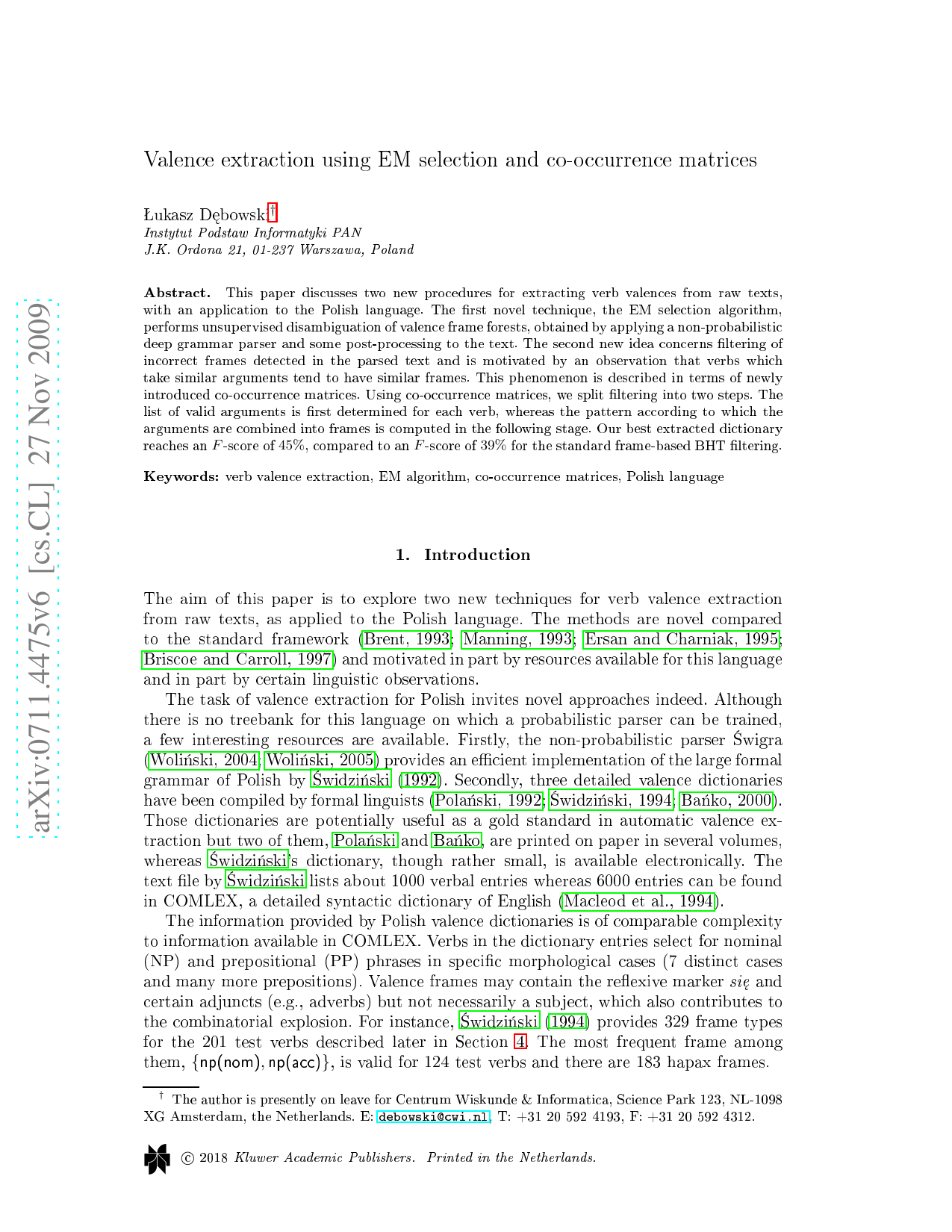 Valence extraction using EM selection and co-occurrence matrices