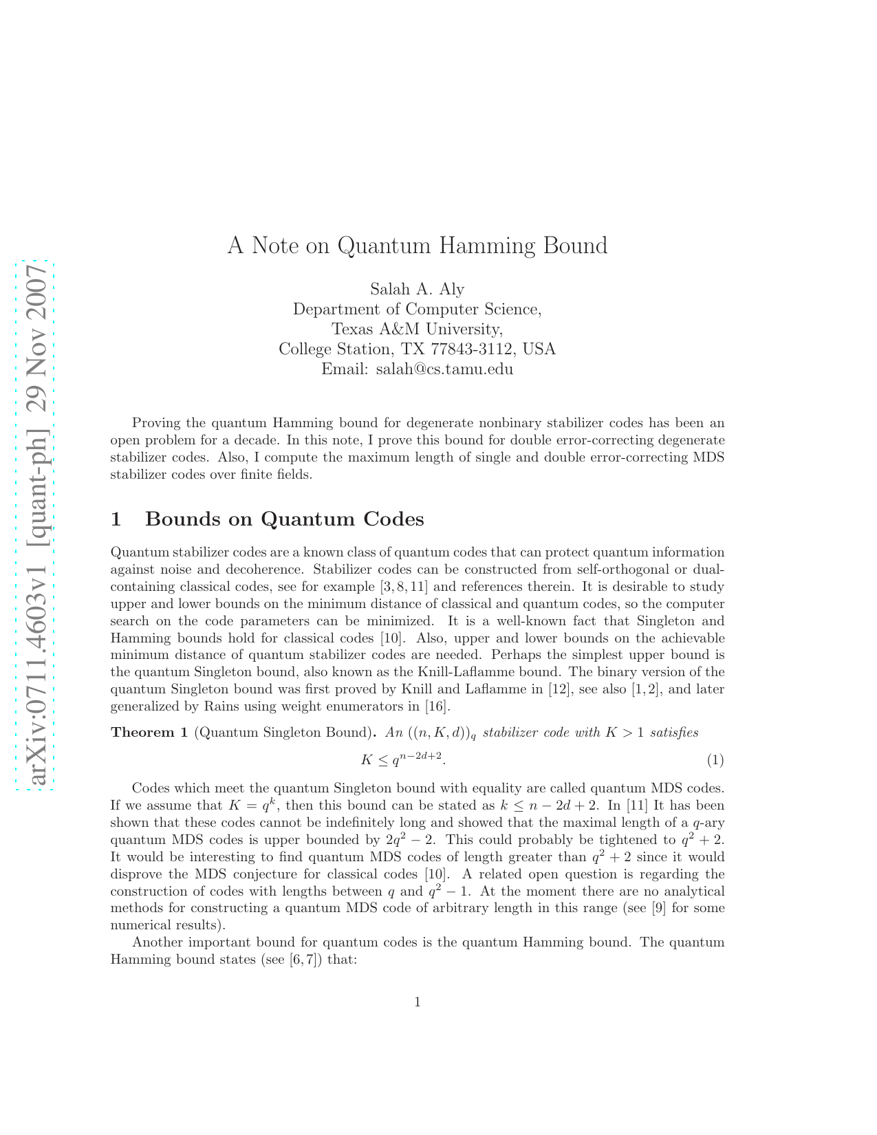 A Note on Quantum Hamming Bound