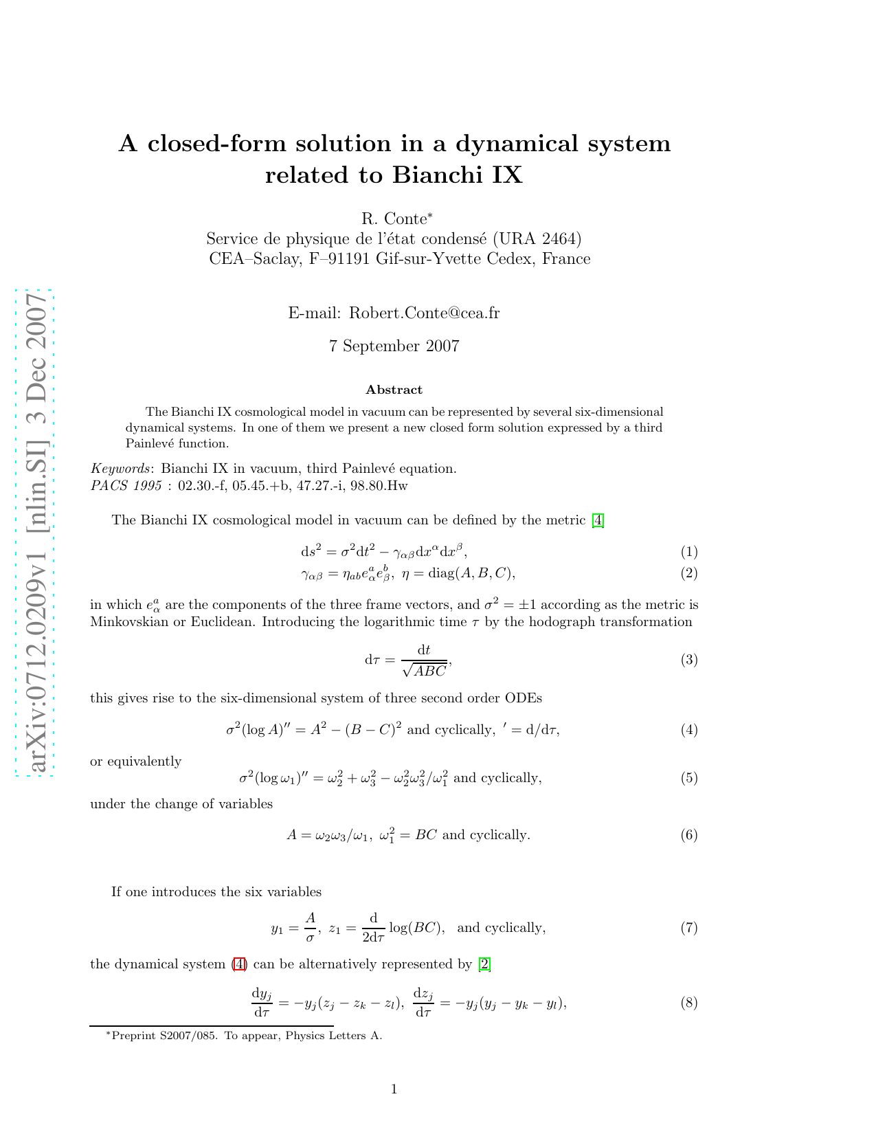 A closed-form solution in a dynamical system related to Bianchi IX