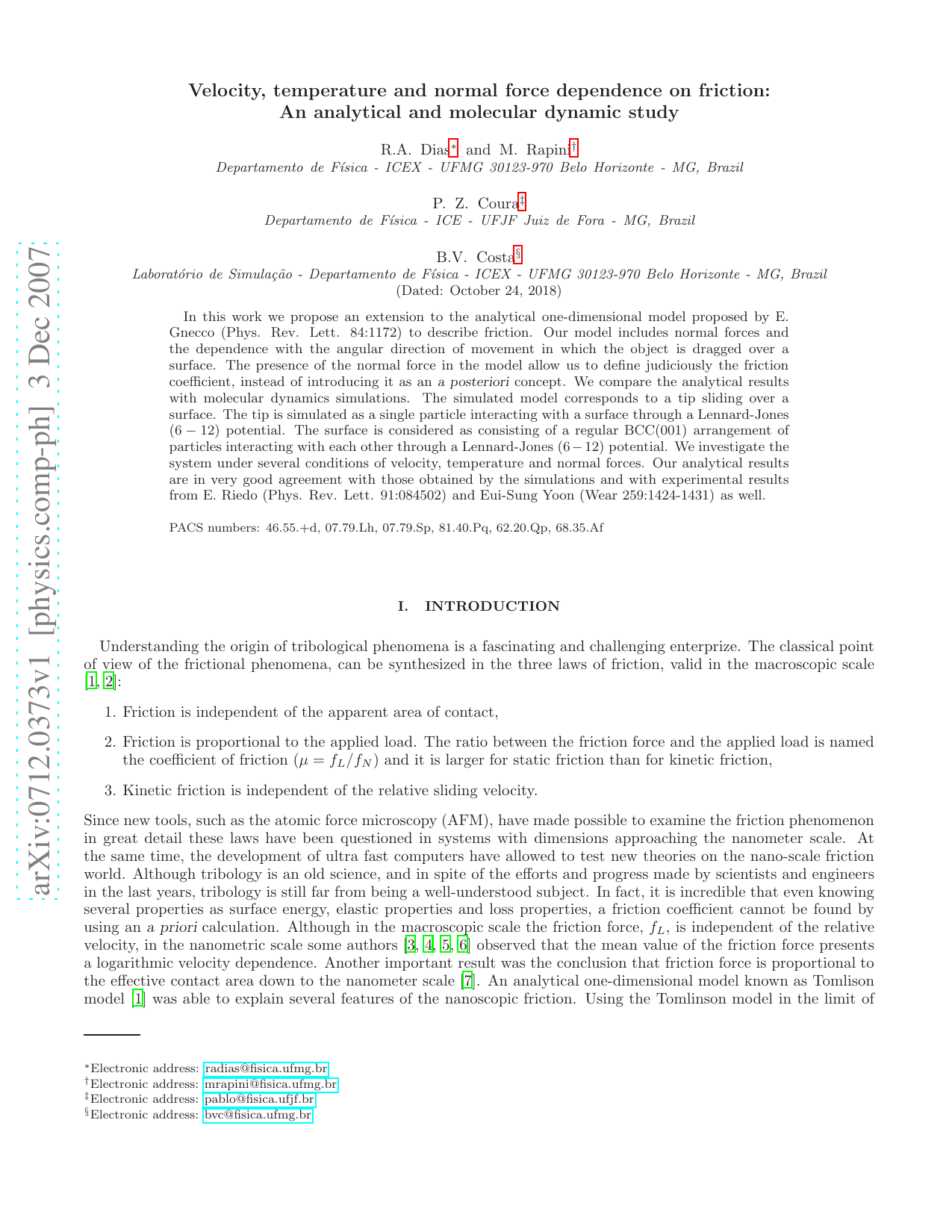 Velocity, temperature and normal force dependence on friction: An   analytical and molecular dynamic study