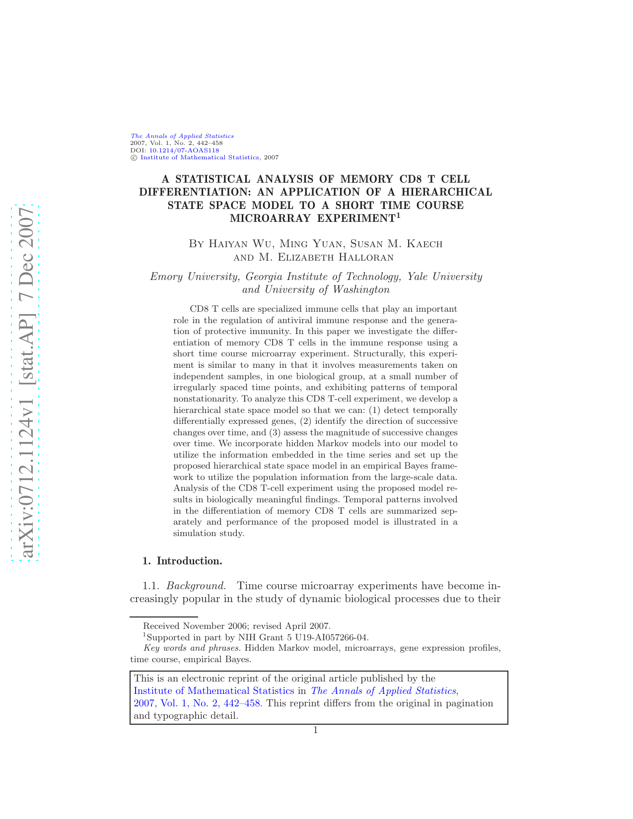 A statistical analysis of memory CD8 T cell differentiation: An application of a hierarchical state space model to a short time course microarray experiment