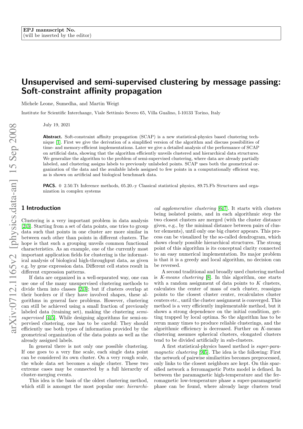 Unsupervised and semi-supervised clustering by message passing:   Soft-constraint affinity propagation