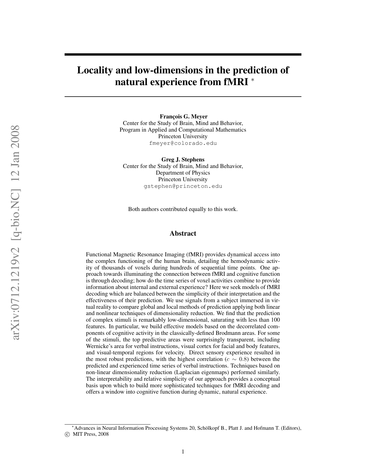 Locality and low-dimensions in the prediction of natural experience from   fMRI