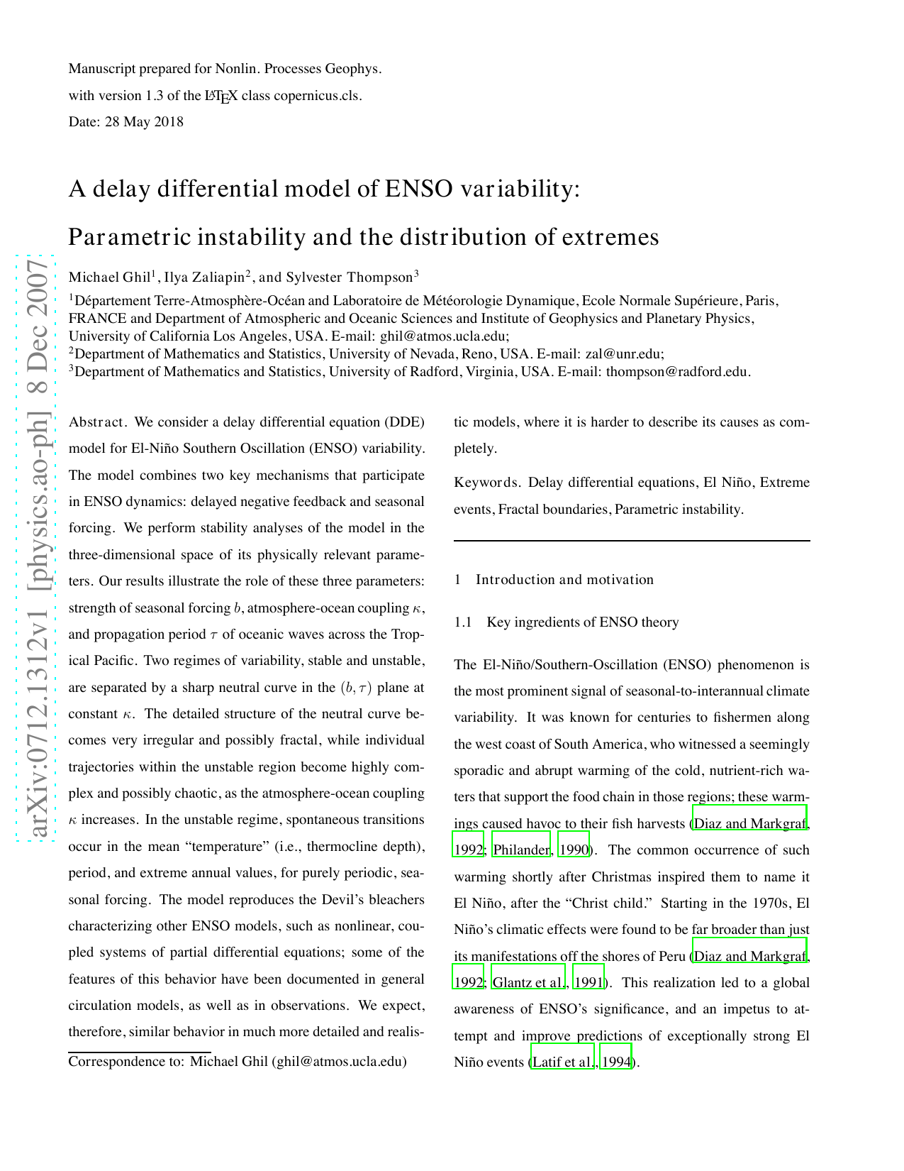 A delay differential model of ENSO variability: Parametric instability   and the distribution of extremes