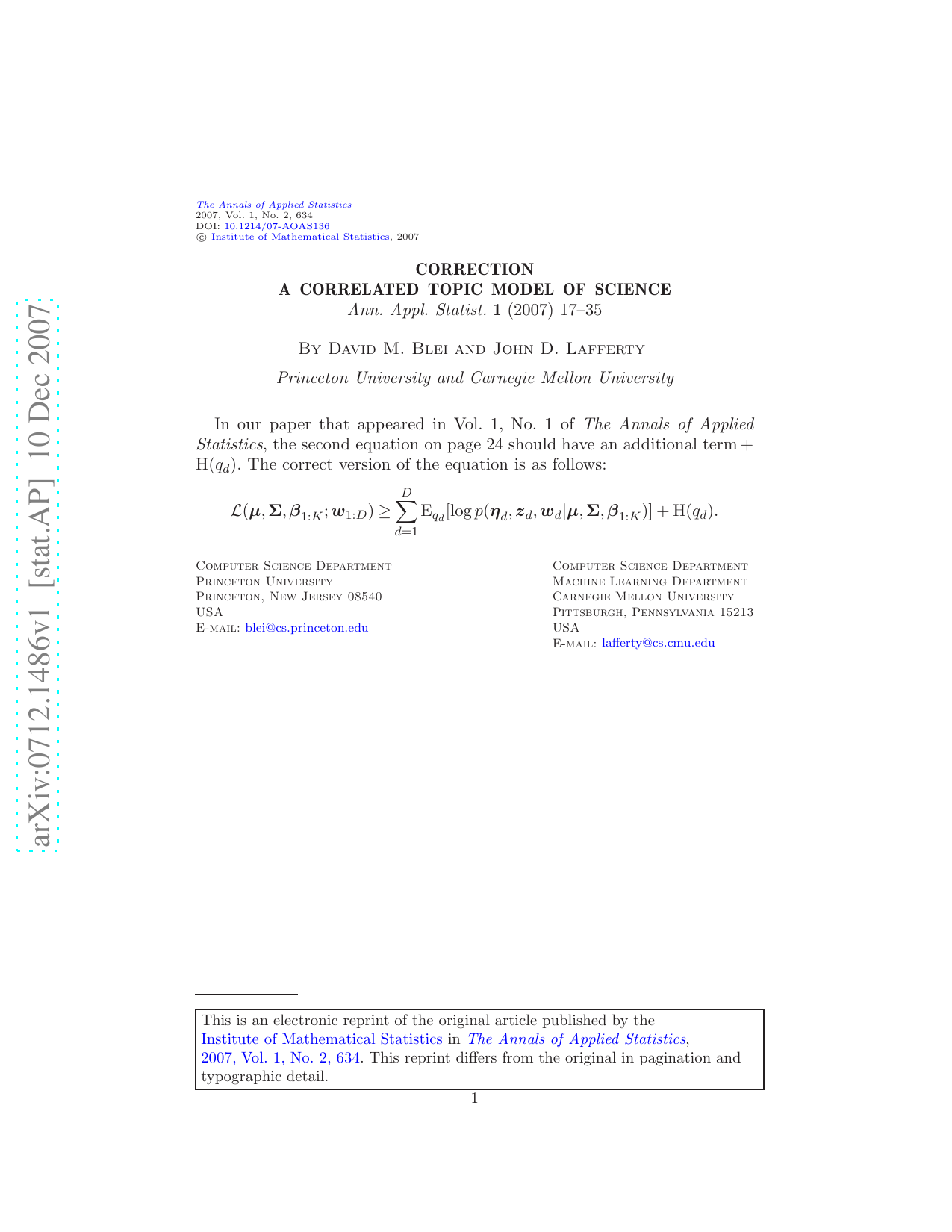Correction: A correlated topic model of Science