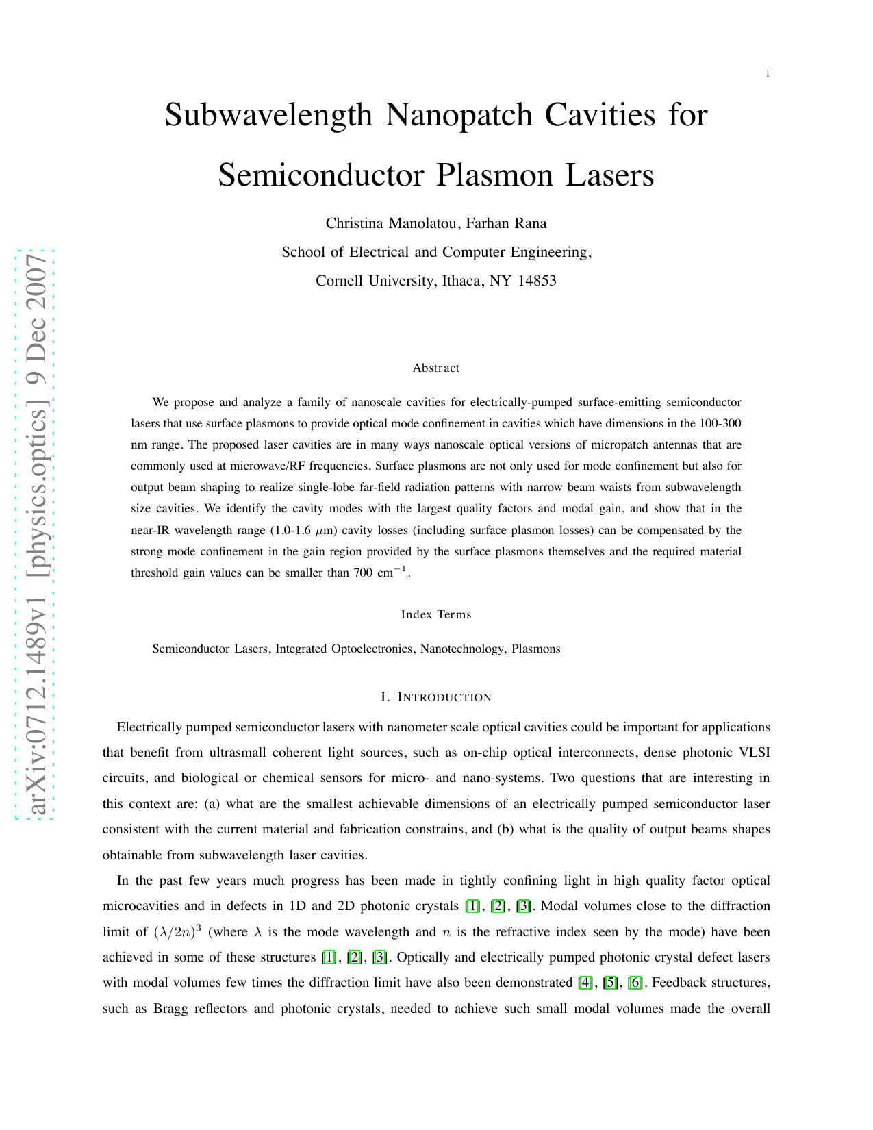 Subwavelength Nanopatch Cavities for Semiconductor Plasmon Lasers