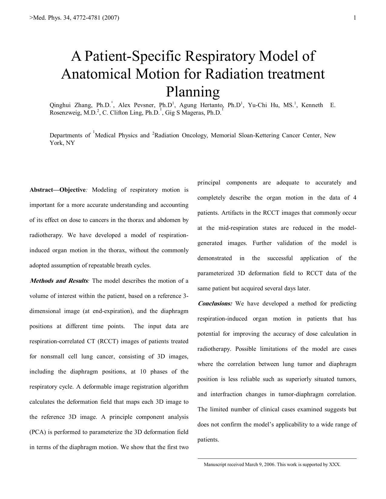 A patient-specific respiratory model of anatomical motion for radiation   treatment planning