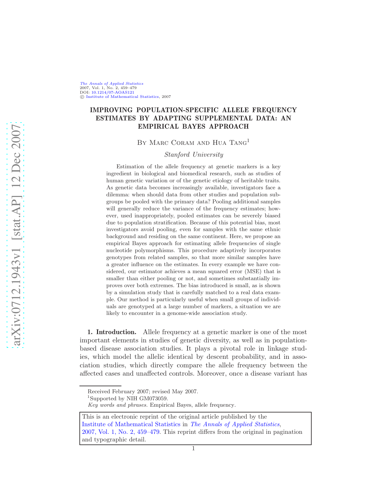 Improving population-specific allele frequency estimates by adapting supplemental data: an empirical Bayes approach