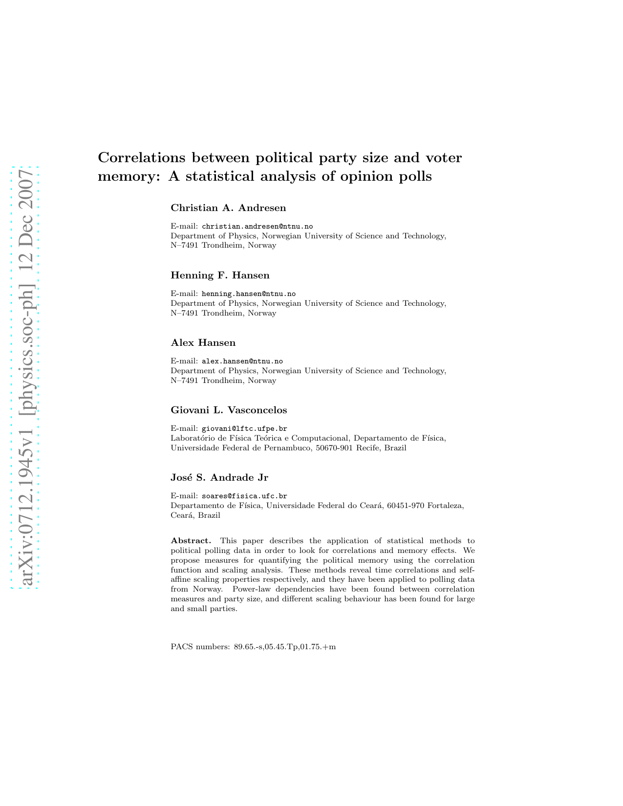 Correlations between political party size and voter memory: A   statistical analysis of opinion polls