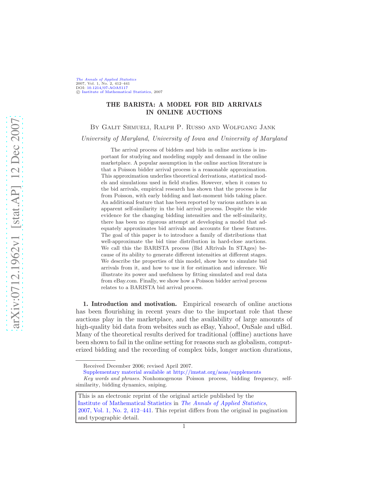 The BARISTA: A model for bid arrivals in online auctions