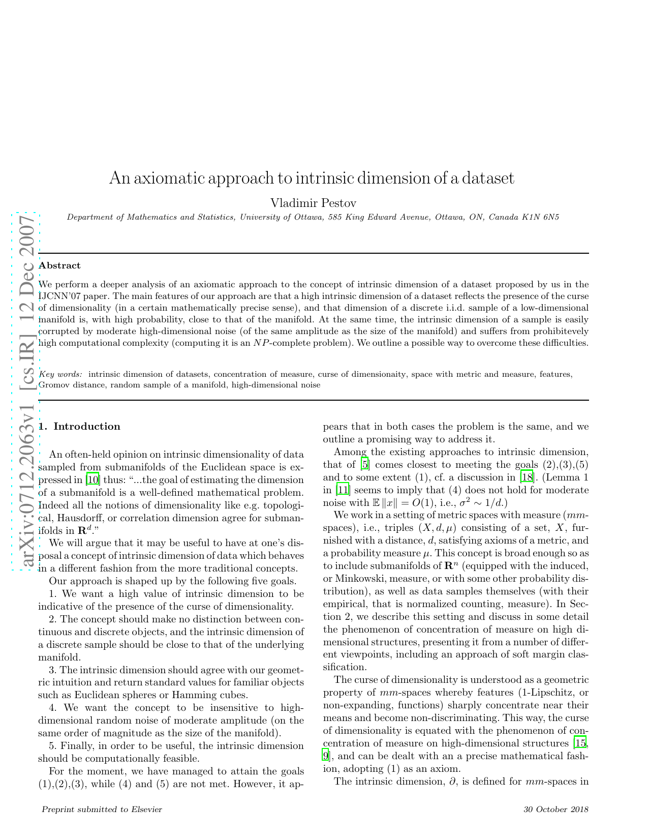 An axiomatic approach to intrinsic dimension of a dataset