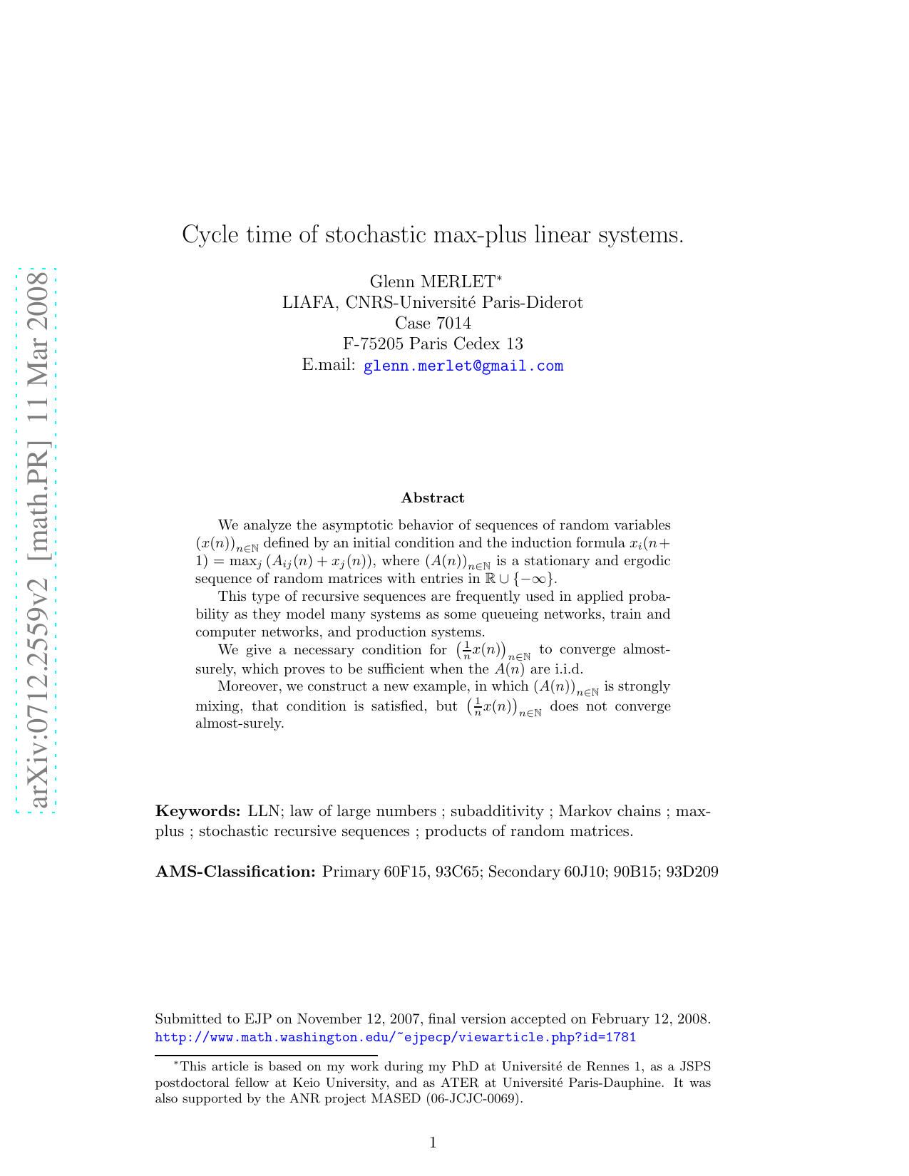 Cycle time of stochastic max-plus linear systems
