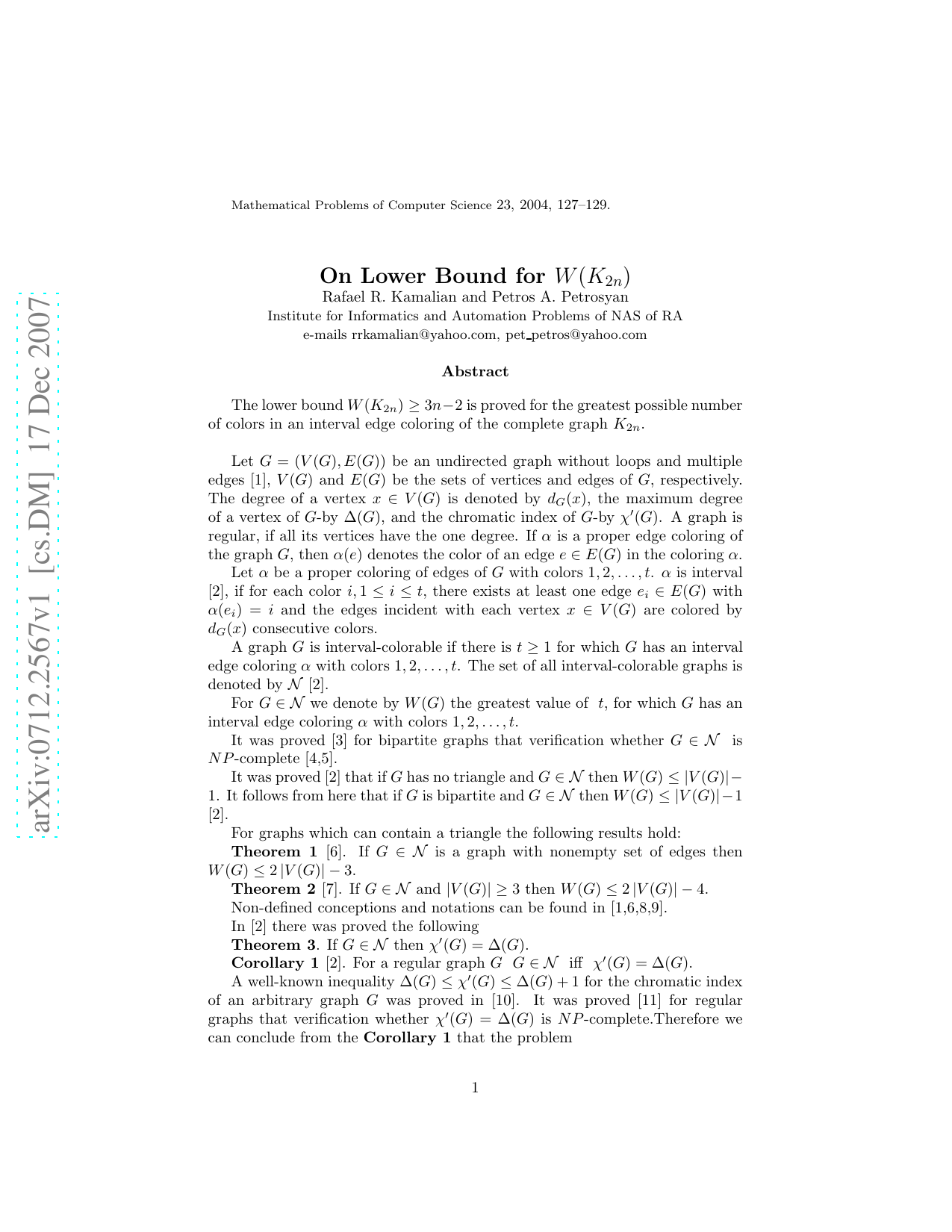 On Lower Bound for W(K_{2n})