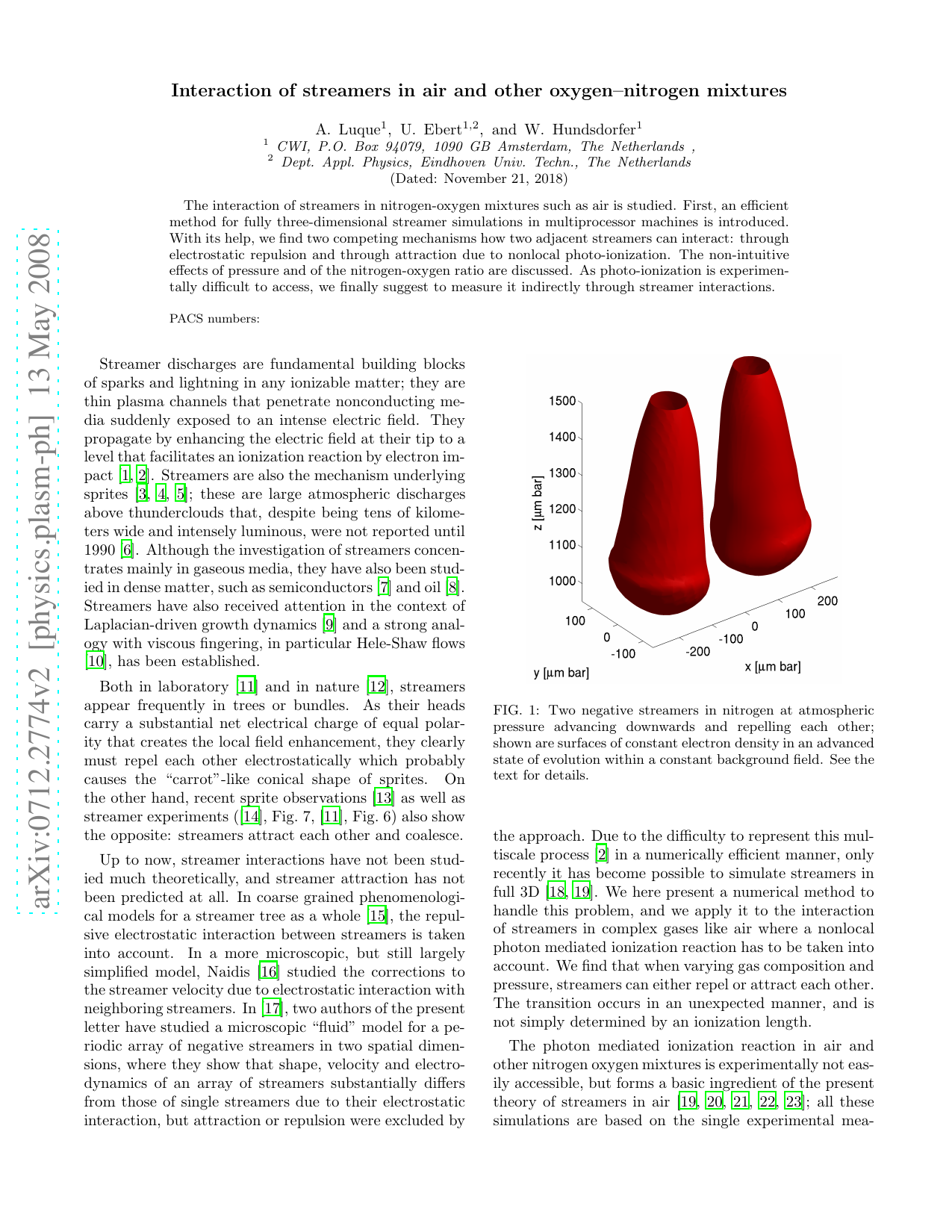 Interaction of streamers in air and other oxygen-nitrogen mixtures