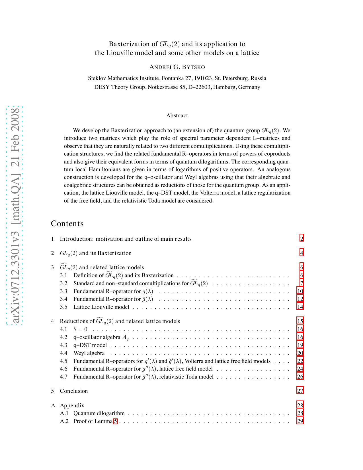 Baxterization of GL_q(2) and its application to the Liouville model and   some other models on a lattice