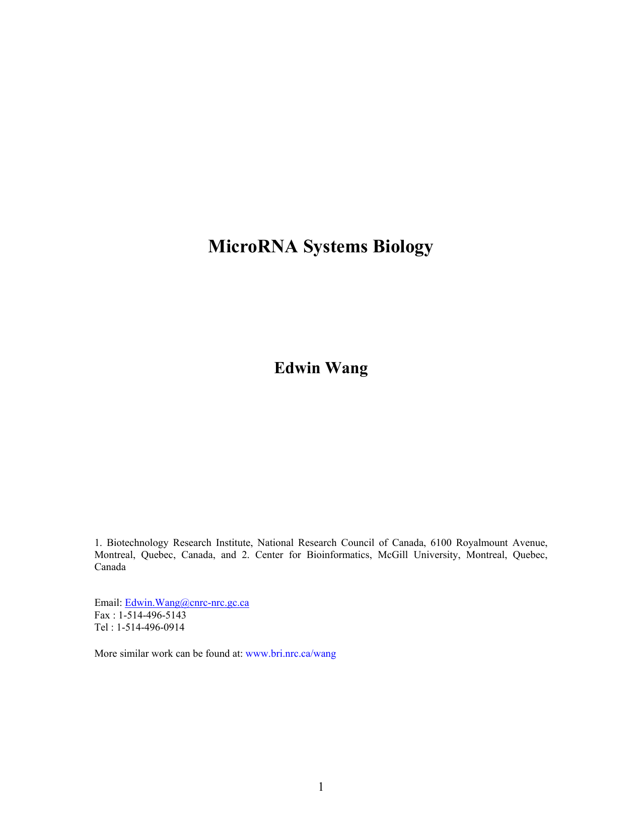 MicroRNA Systems Biology
