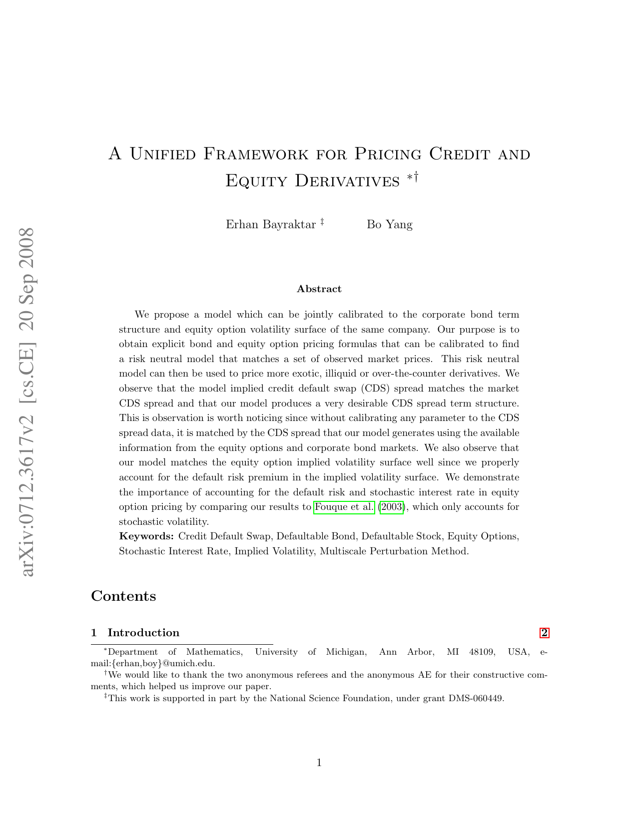 A Unified Framework for Pricing Credit and Equity Derivatives