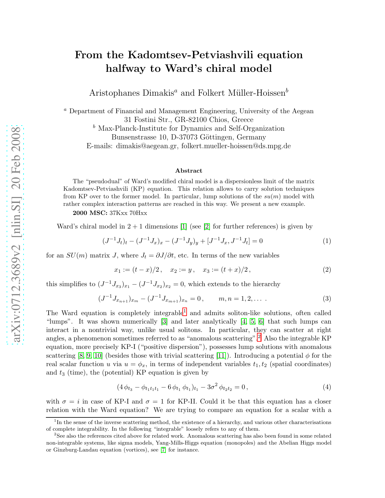 From the Kadomtsev-Petviashvili equation halfway to Wards chiral model