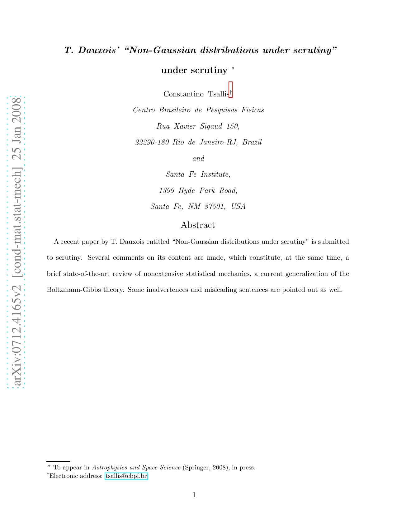T. Dauxois 'Non-Gaussian distributions under scrutiny' under scrutiny