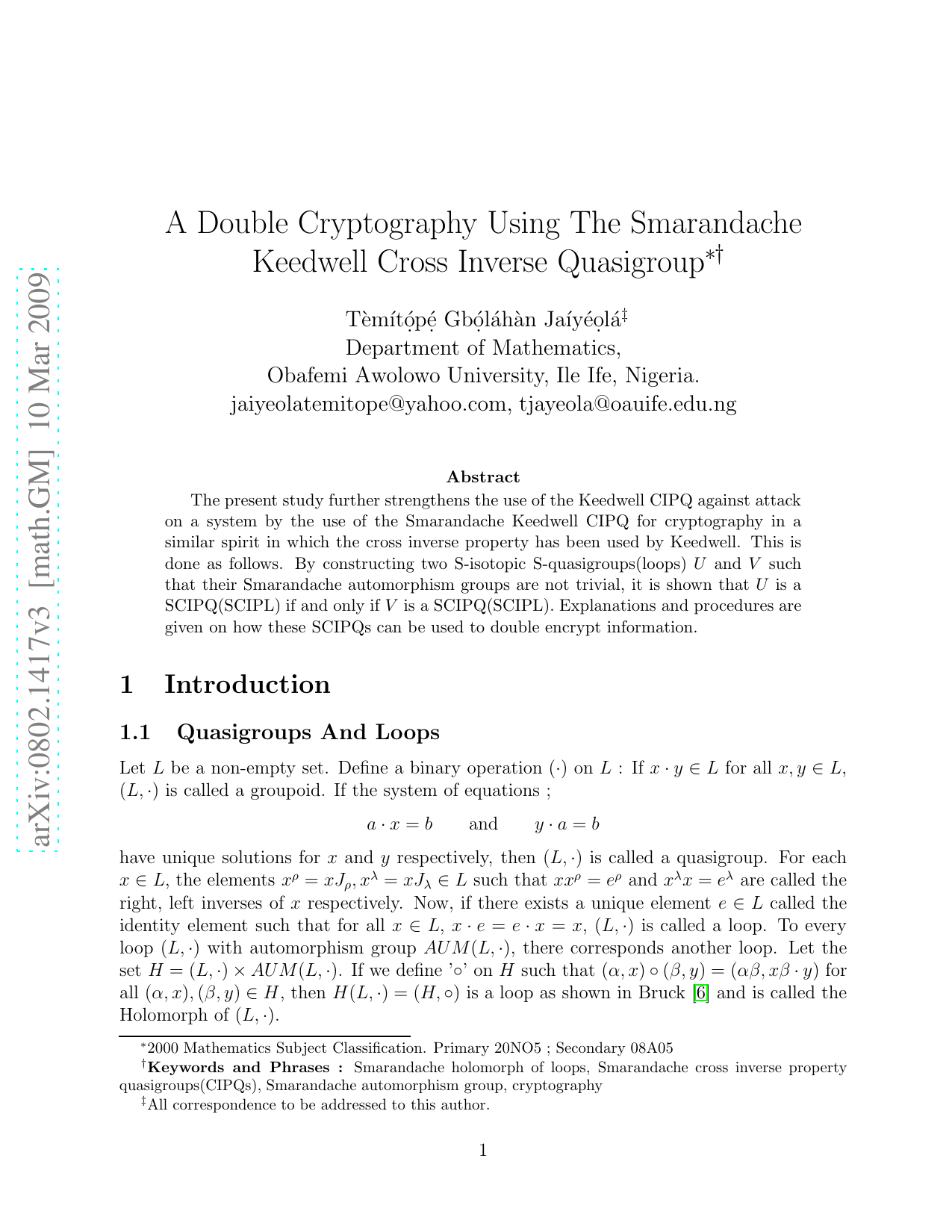 A Double Cryptography Using The Smarandache Keedwell Cross Inverse   Quasigroup