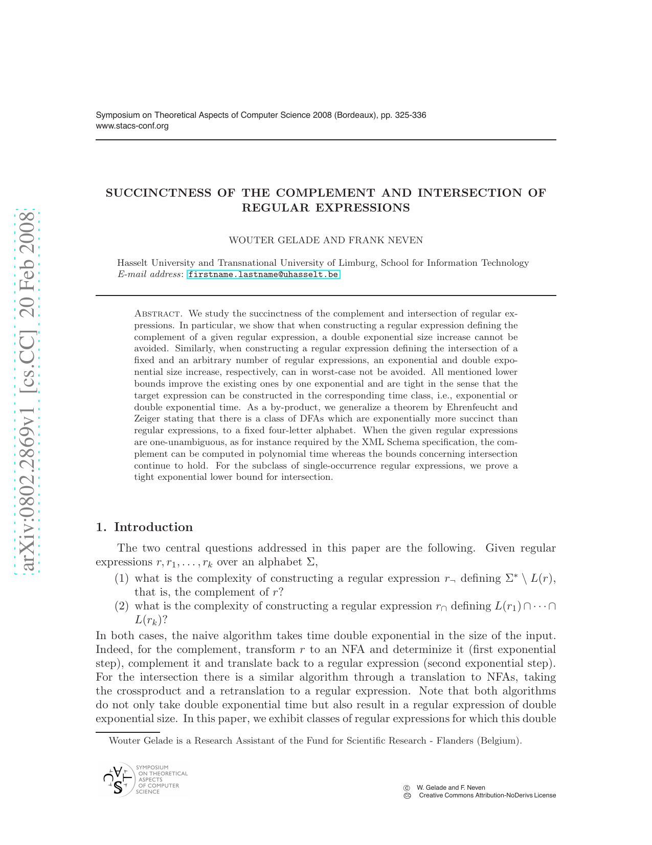 Succinctness of the Complement and Intersection of Regular Expressions