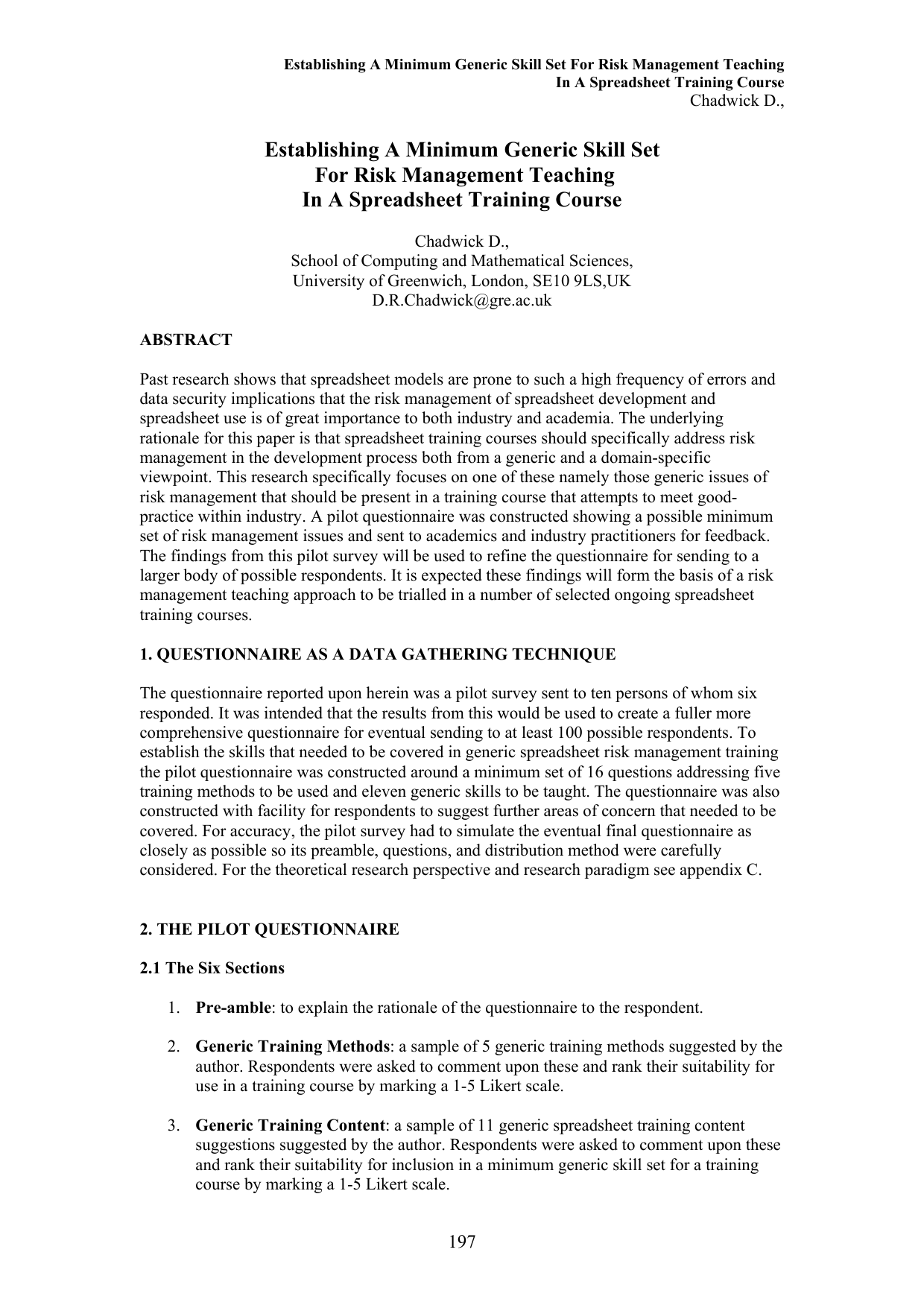Establishing A Minimum Generic Skill Set For Risk Management Teaching In   A Spreadsheet Training Course